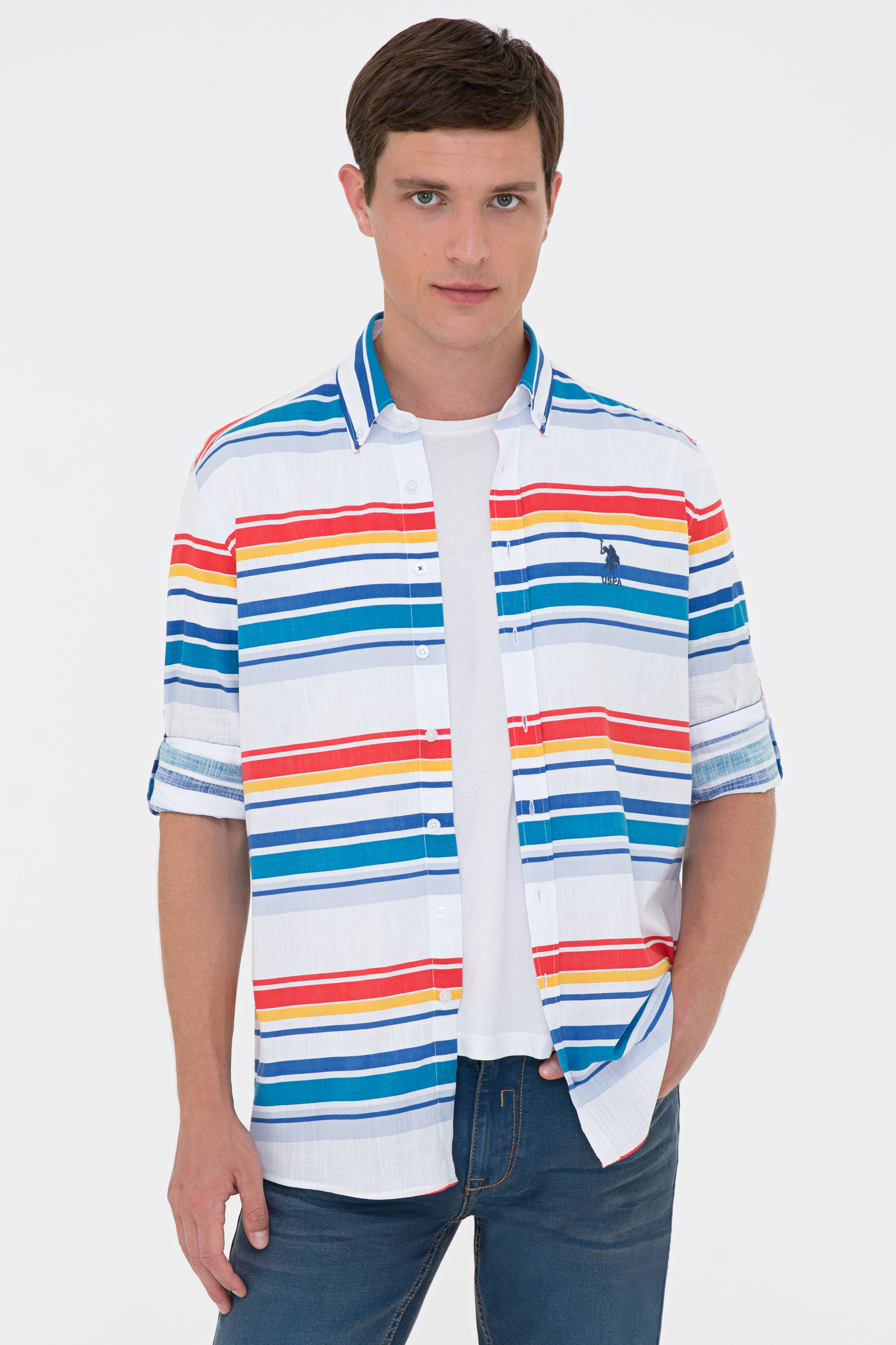 پیراهن یقه کلاسیک سفید رگولار آستین تا شده مردانه یو اس پولو | US POLO ASSN