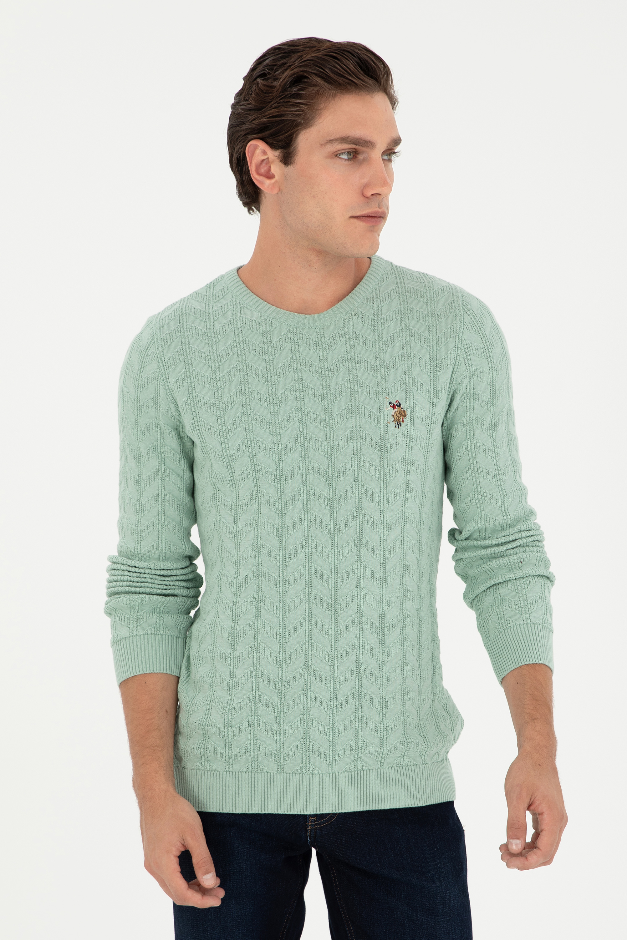 بافت بیسیک یقه گرد سبزآبی اندامی آستین بلند مردانه یو اس پولو | US POLO ASSN
