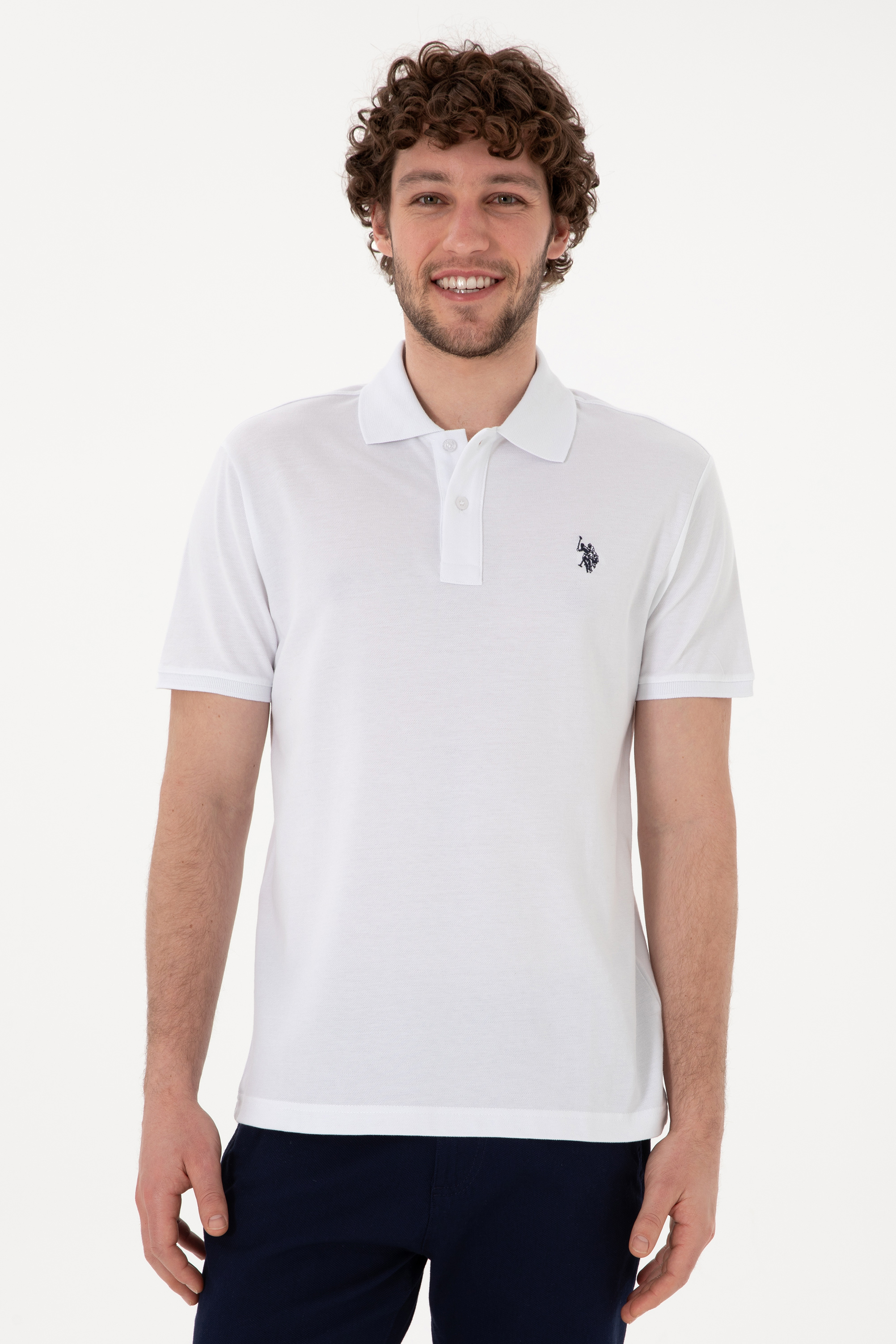 تی شرت بیسیک یقه پیراهنی سفید اندامی آستین کوتاه مردانه یو اس پولو | US POLO ASSN