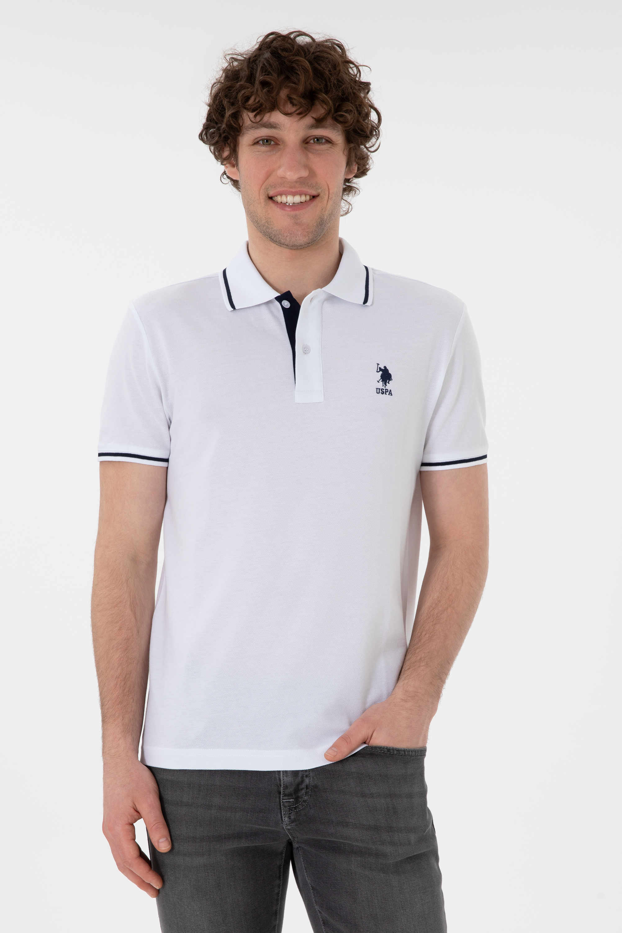 تی شرت بیسیک یقه پولو سفید اندامی آستین کوتاه مردانه یو اس پولو | US POLO ASSN