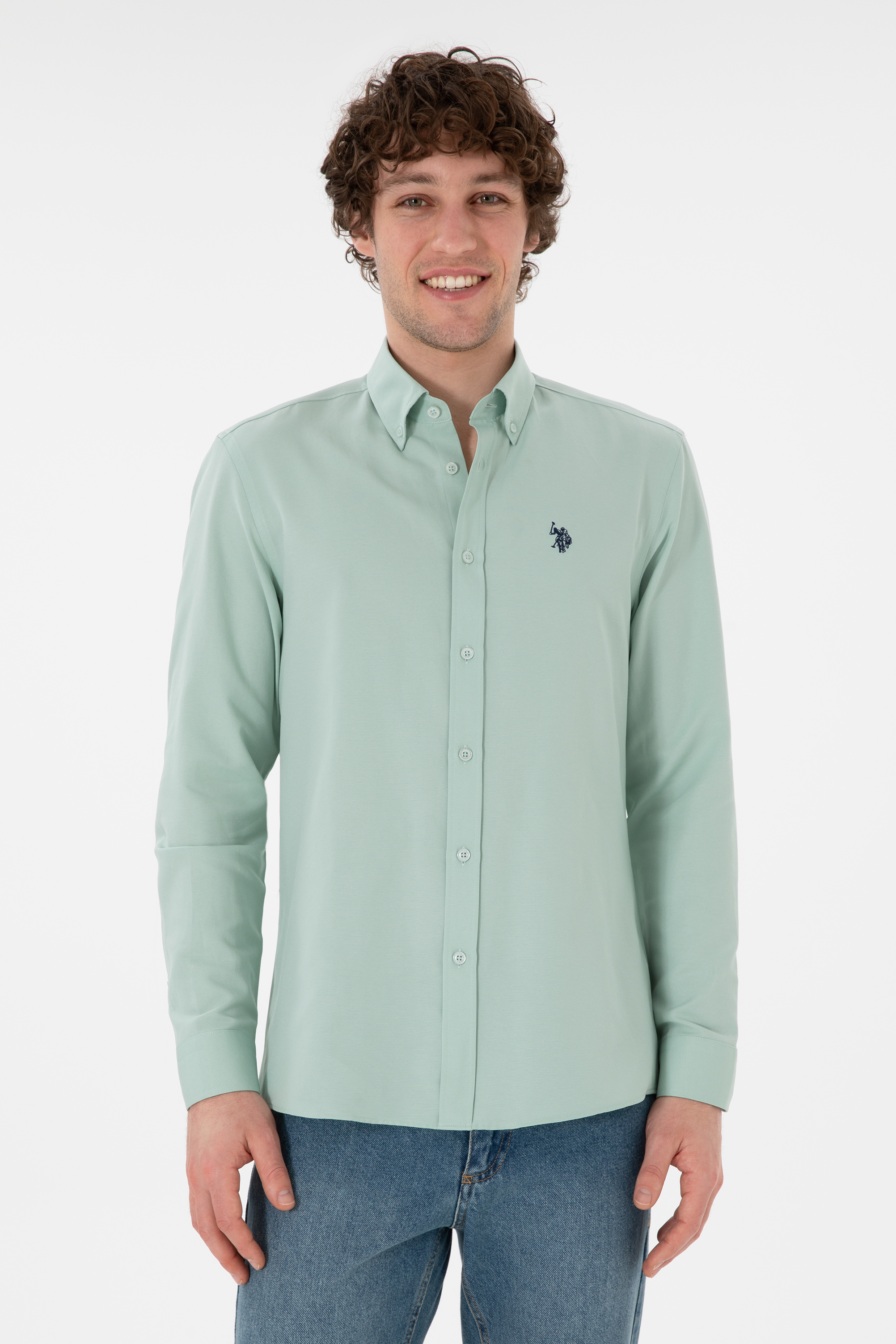 پیراهن سبزآبی اندامی مردانه یو اس پولو | US POLO ASSN