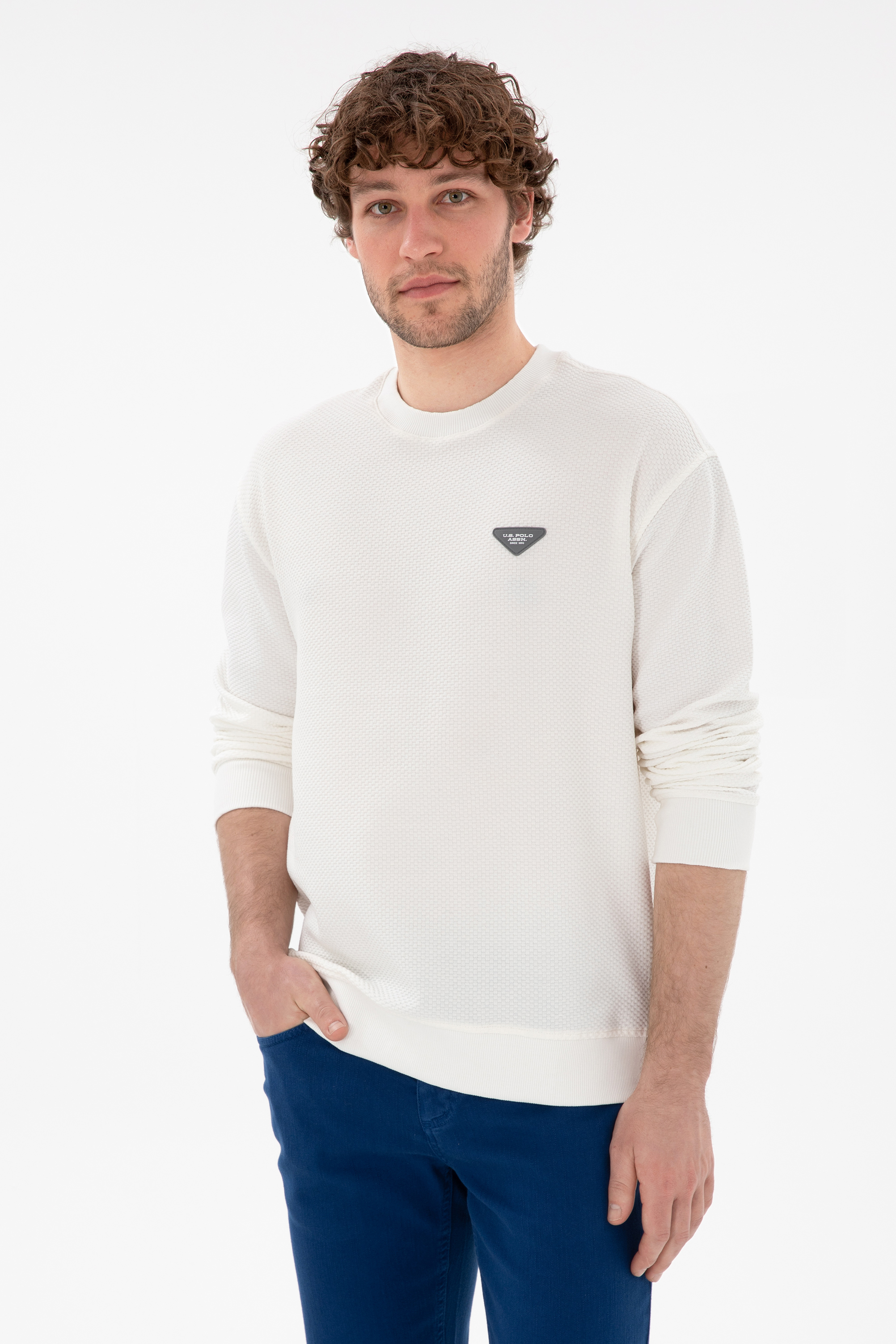 سویشرت یقه گرد سفید ریلکس آستین بلند مردانه یو اس پولو | US POLO ASSN