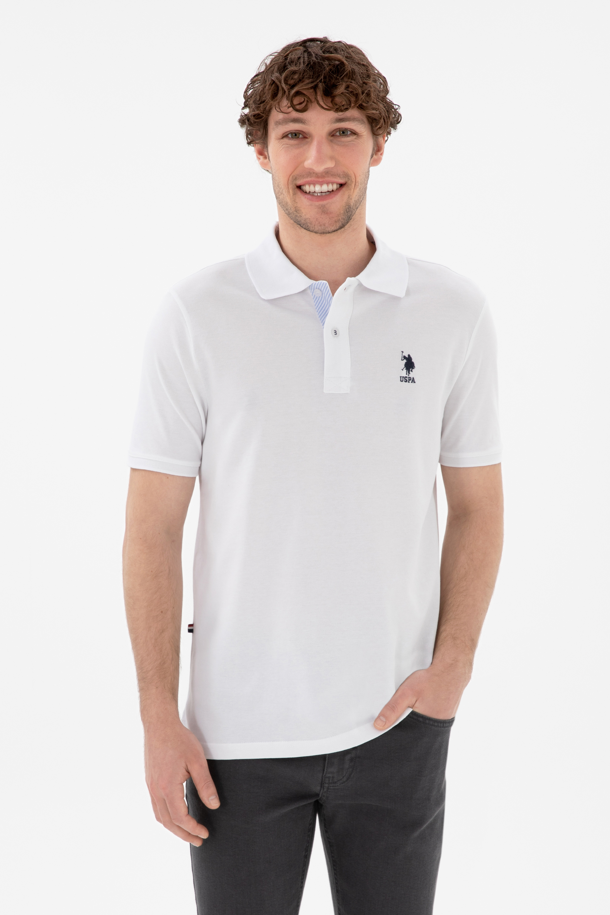 تی شرت بیسیک یقه پیراهنی سفید رگولار آستین کوتاه مردانه یو اس پولو | US POLO ASSN