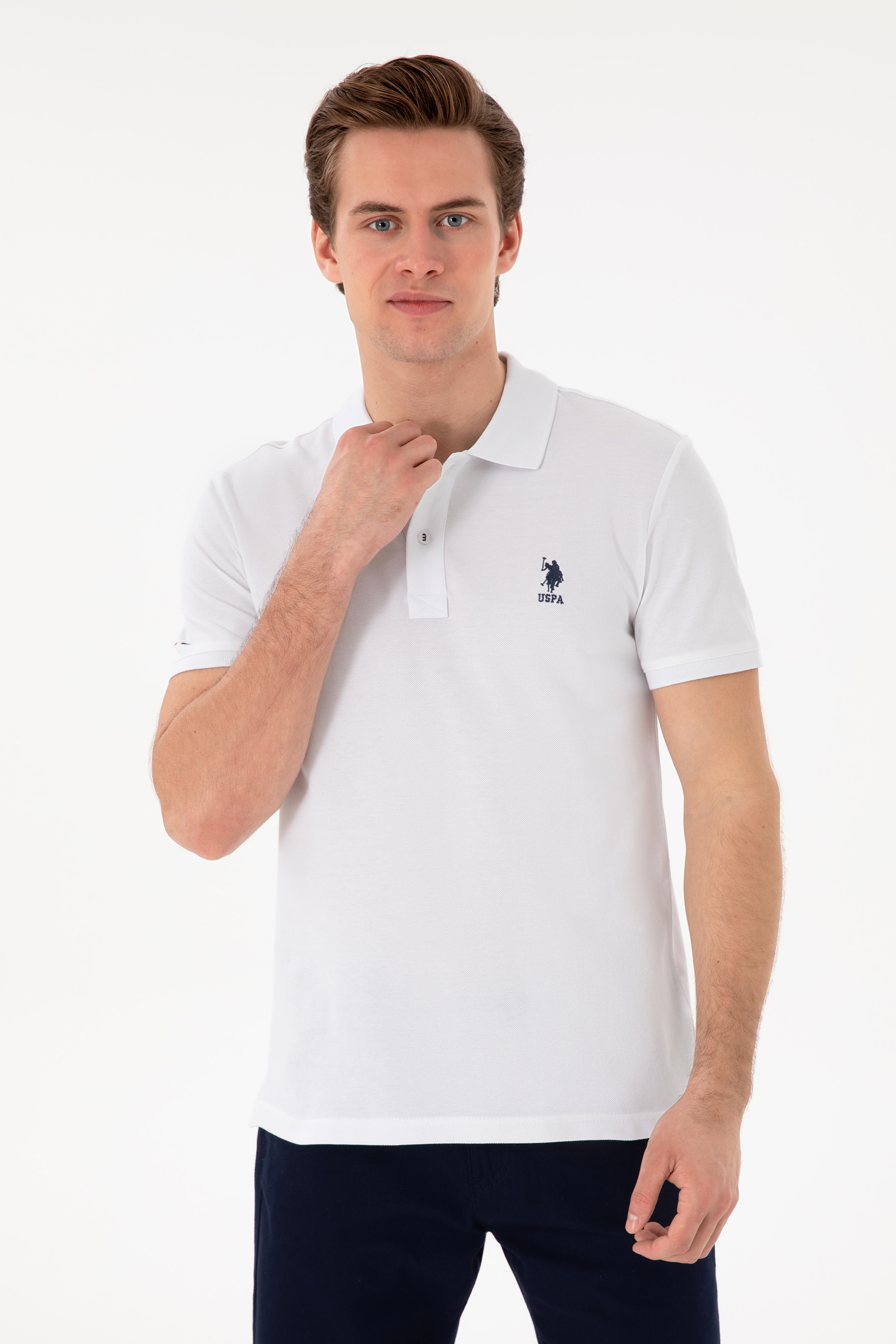 تی شرت بیسیک یقه پیراهنی سفید اندامی آستین کوتاه مردانه یو اس پولو | US POLO ASSN