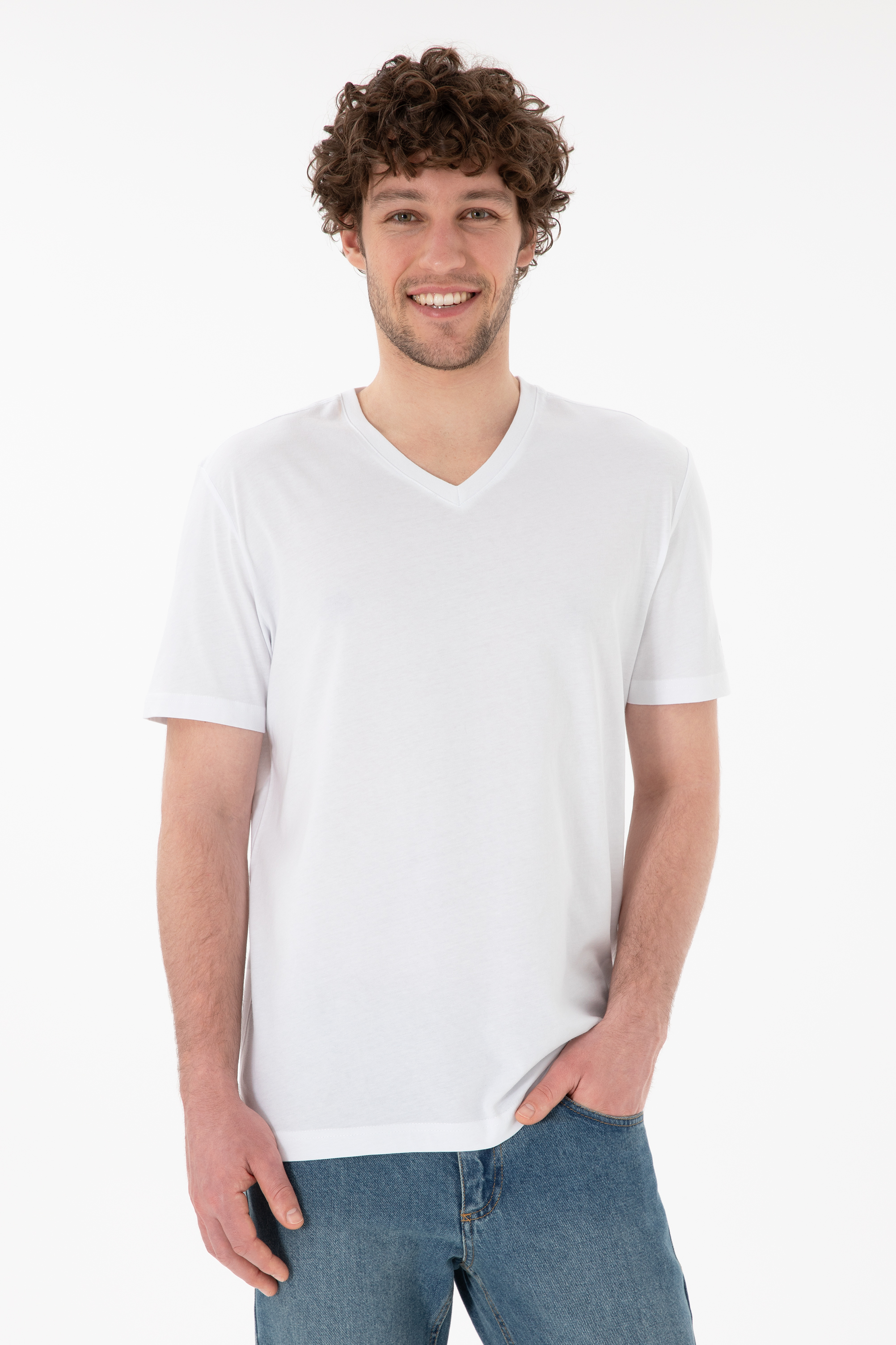 تی شرت بیسیک یقه هفت سفید رگولار آستین کوتاه مردانه یو اس پولو | US POLO ASSN