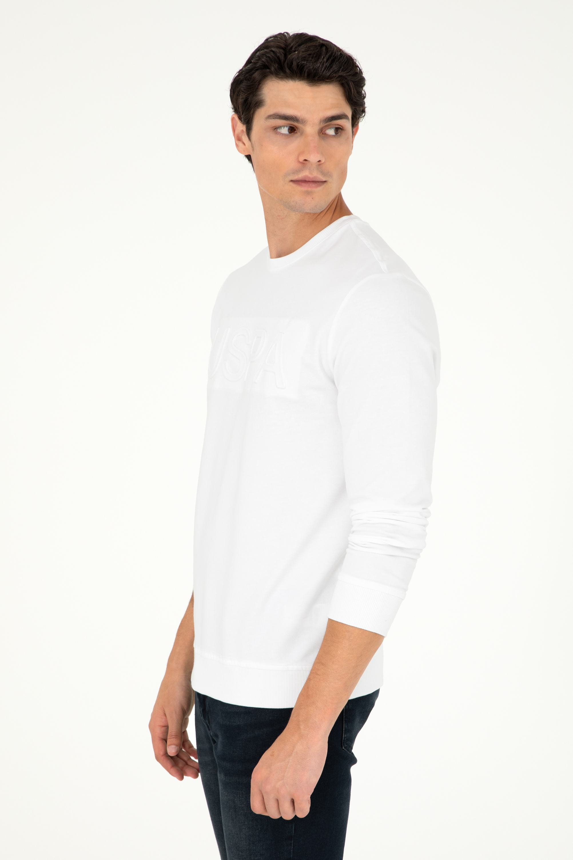 سویشرت بیسیک یقه گرد سفید رگولار مردانه یو اس پولو | US POLO ASSN