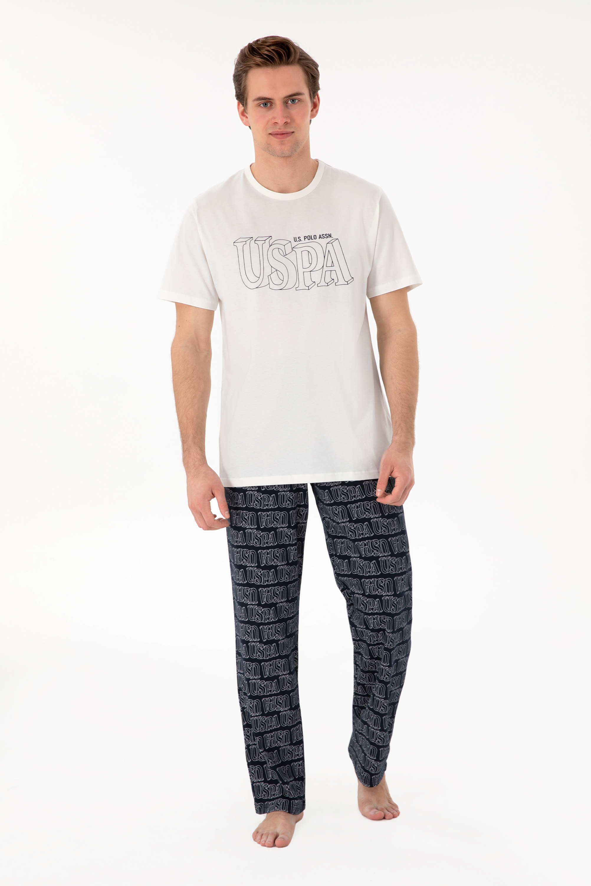 سه عدد ست پیژامه یقه گرد سفید استاندارد فیت مردانه یو اس پولو | US POLO ASSN