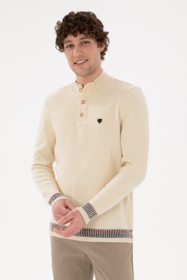 بافت یقه ایستاده سفید  رگولار آستین بلند مردانه یو اس پولو | US POLO ASSN