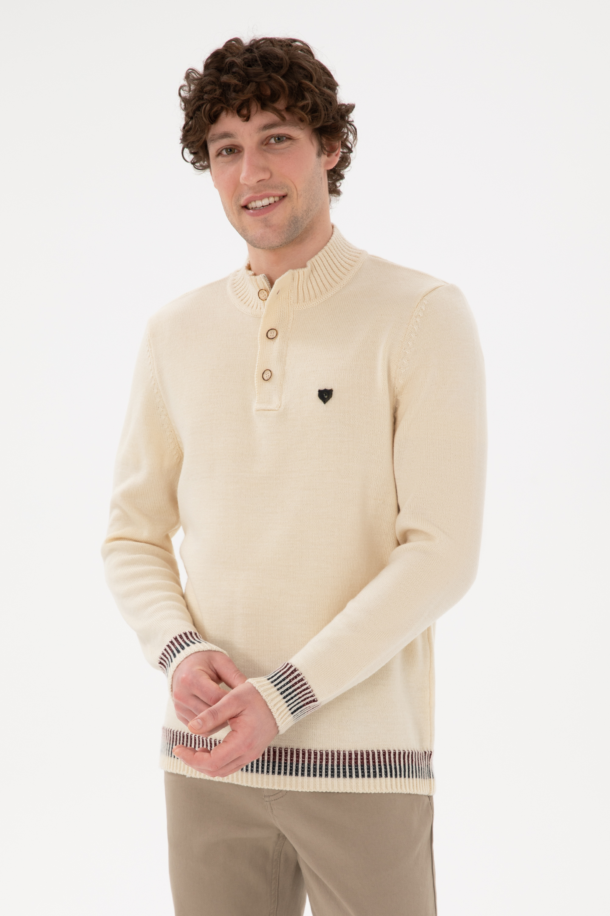 بافت یقه ایستاده سفید رگولار آستین بلند مردانه یو اس پولو | US POLO ASSN