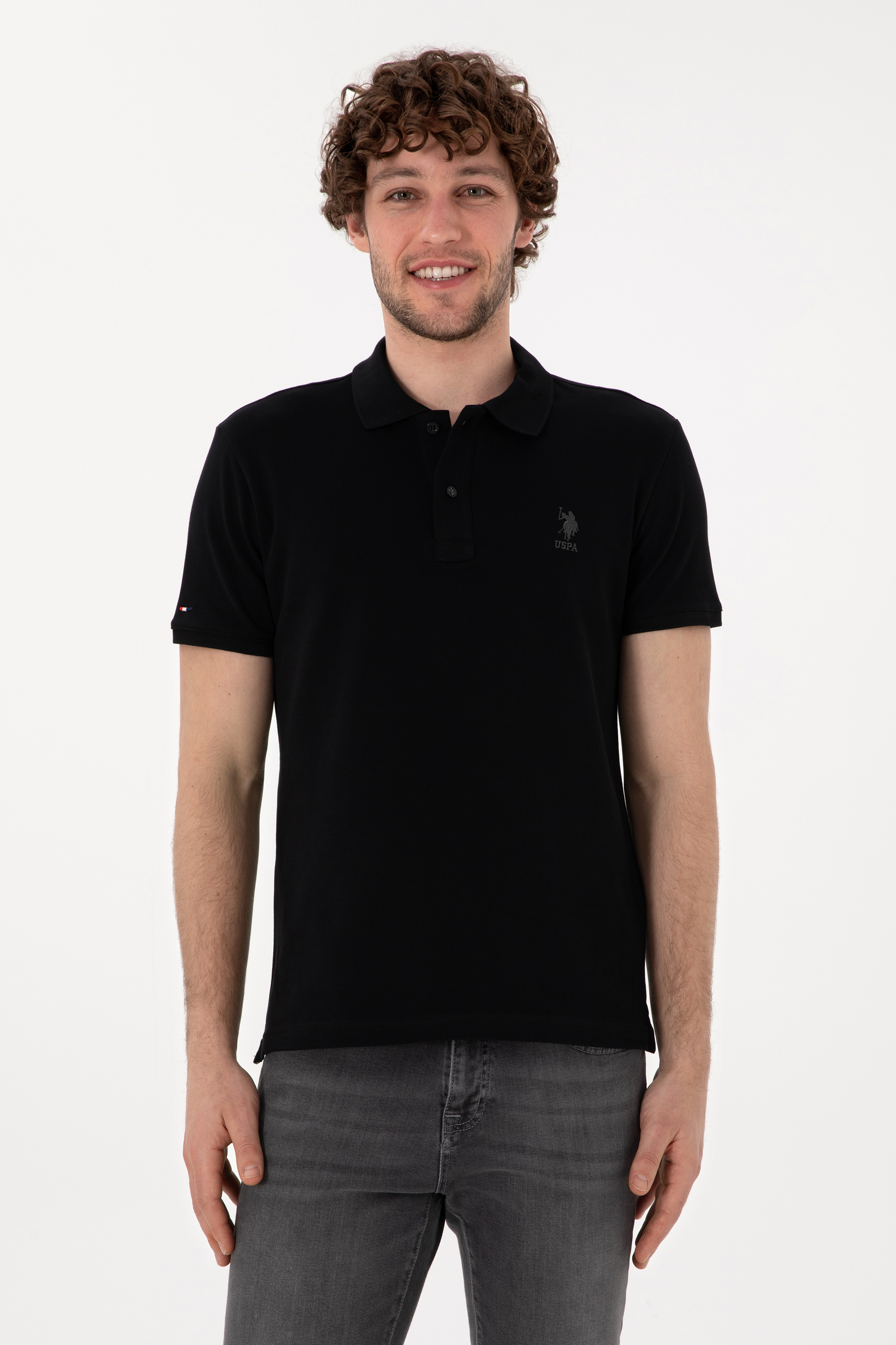 تی شرت بیسیک یقه پیراهنی سیاه اندامی آستین کوتاه مردانه یو اس پولو | US POLO ASSN