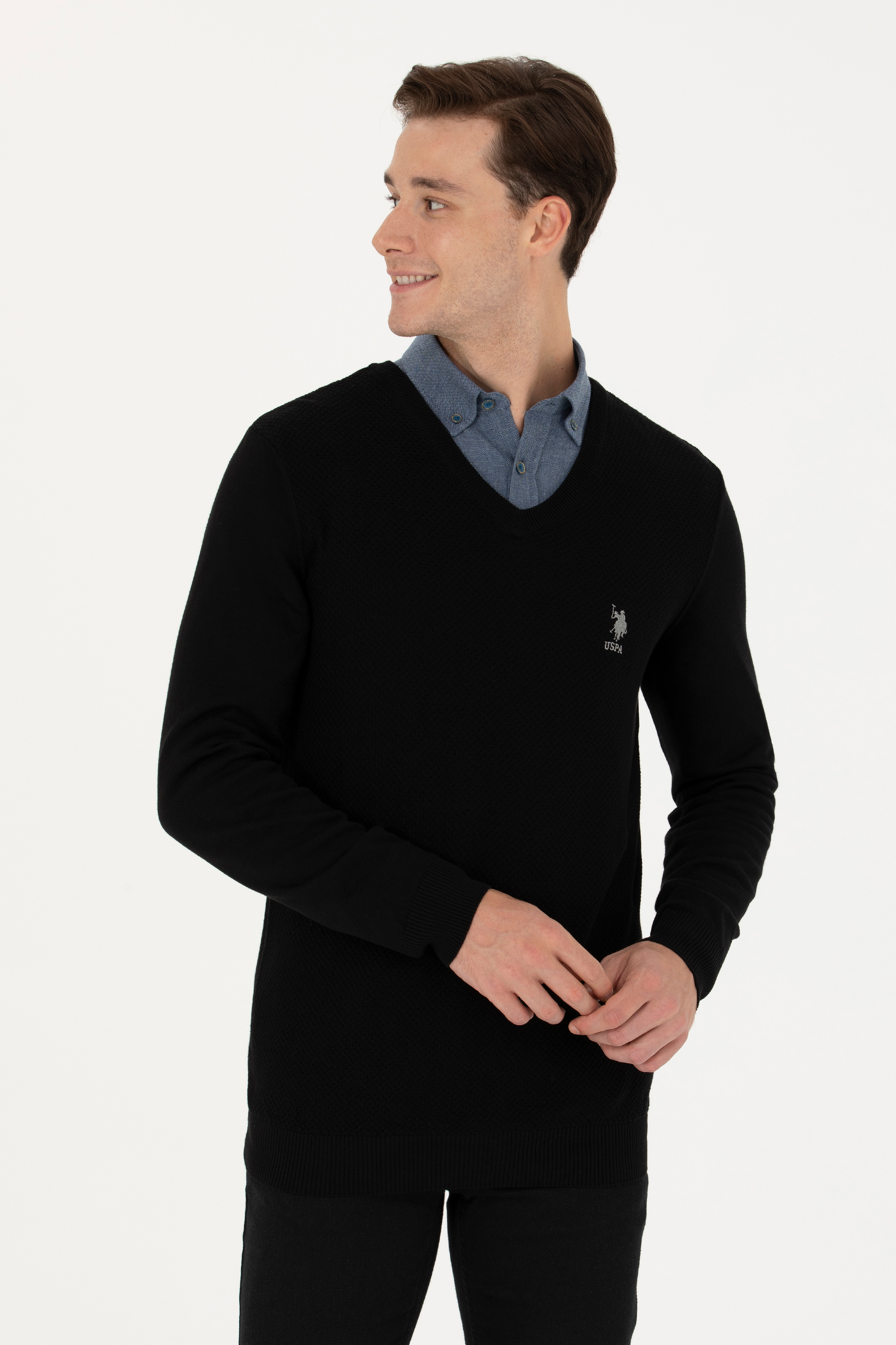 بافت بیسیک یقه هفت سیاه اندامی مردانه یو اس پولو | US POLO ASSN