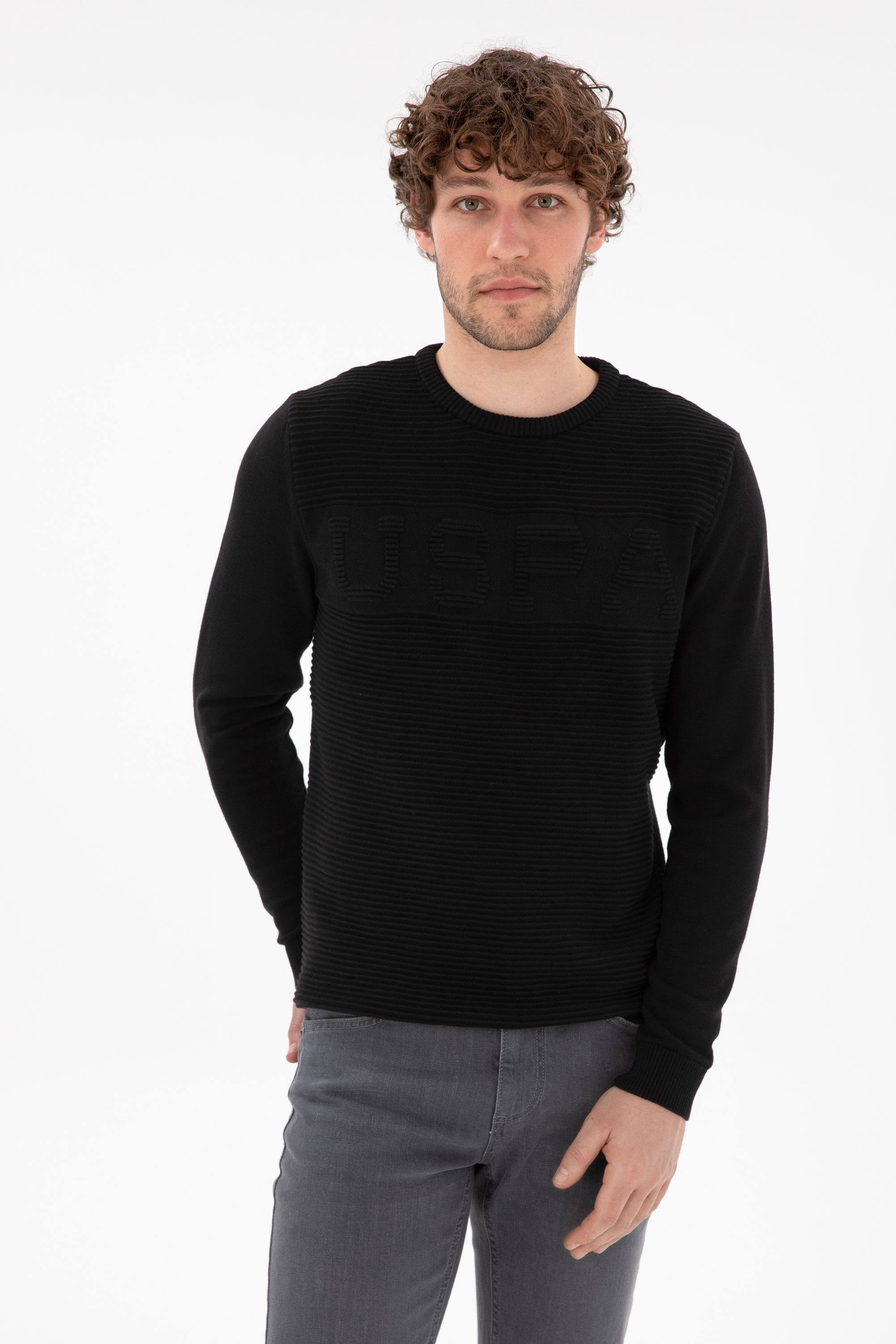بافت یقه گرد سیاه اندامی آستین بلند مردانه یو اس پولو | US POLO ASSN