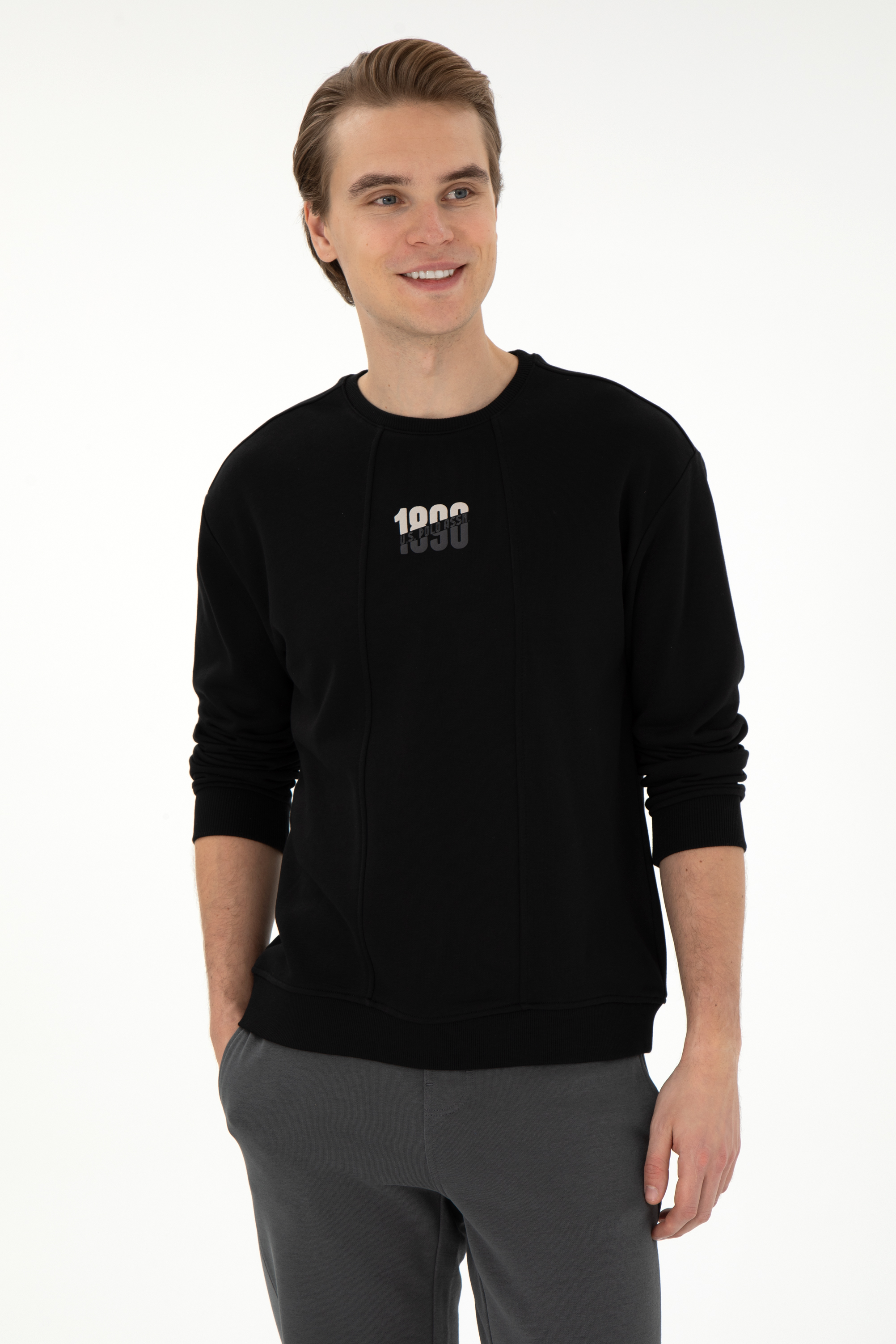 سویشرت یقه گرد سیاه ریلکس آستین بلند مردانه یو اس پولو | US POLO ASSN