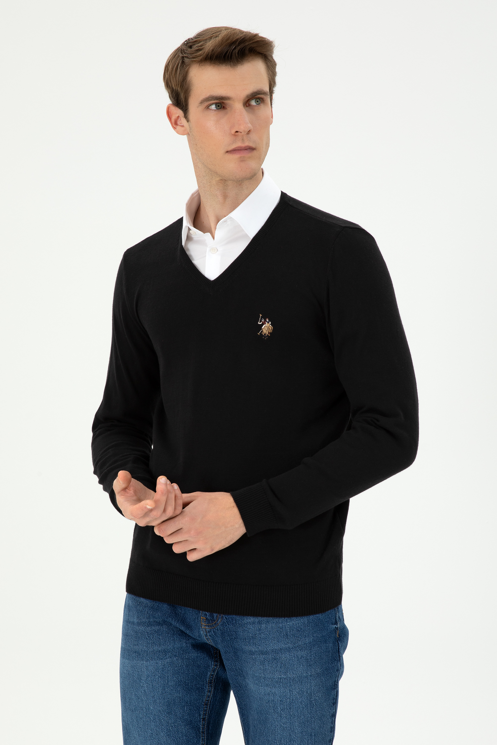 بافت بیسیک یقه هفت سیاه اندامی مردانه یو اس پولو | US POLO ASSN