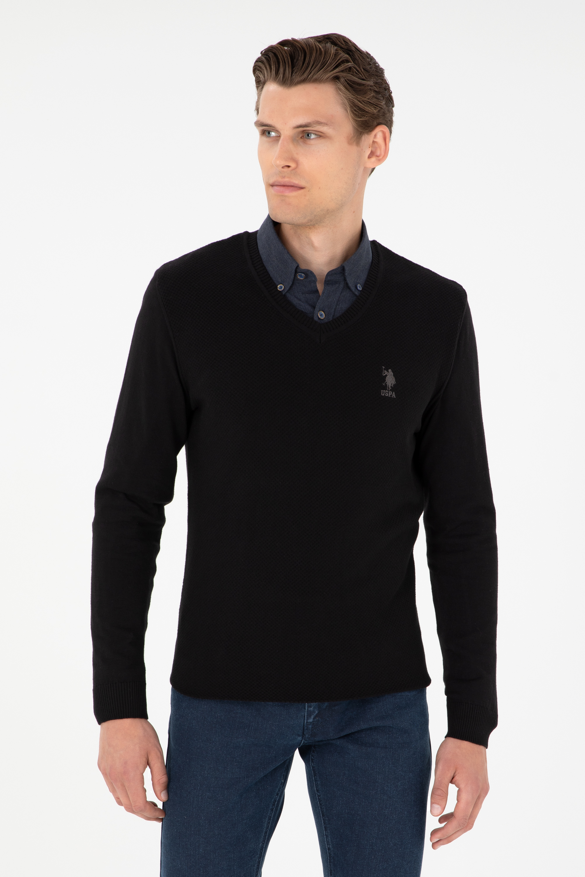 بافت بیسیک یقه هفت سیاه اندامی آستین بلند مردانه یو اس پولو | US POLO ASSN