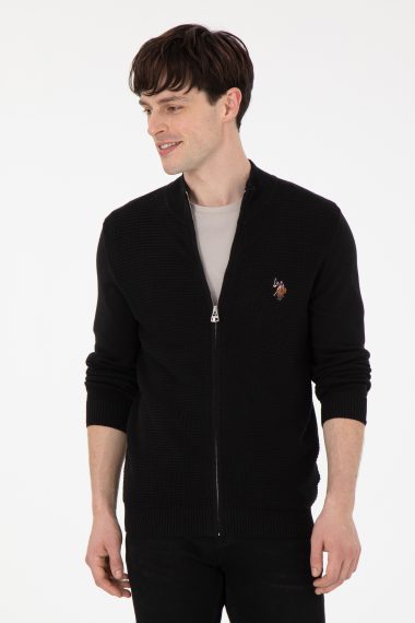 ژاکت تریکو بیسیک یقه ایستاده سیاه  اندامی آستین بلند مردانه یو اس پولو | US POLO ASSN