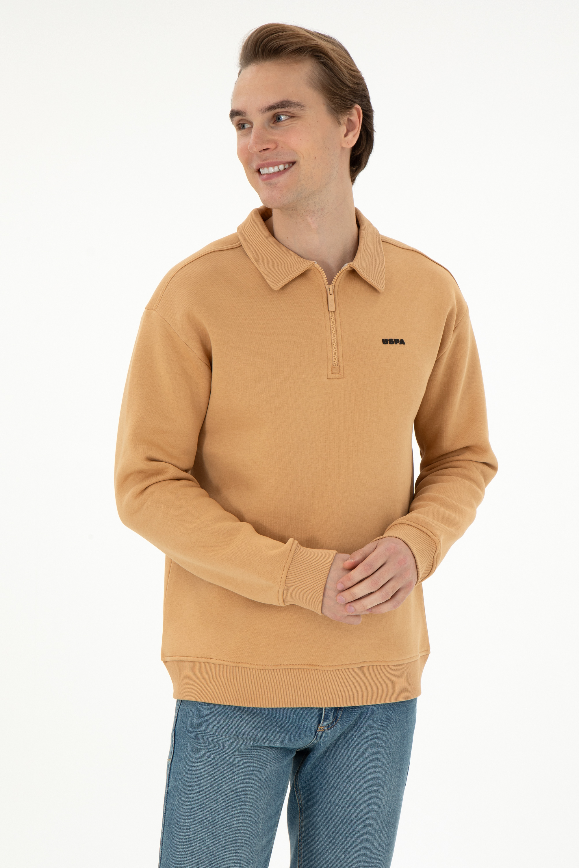 سویشرت بیسیک یقه پولو شتری ریلکس مردانه یو اس پولو | US POLO ASSN