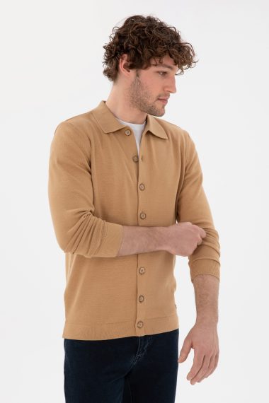 ژاکت تریکو بیسیک  شتری  رگولار  مردانه یو اس پولو | US POLO ASSN