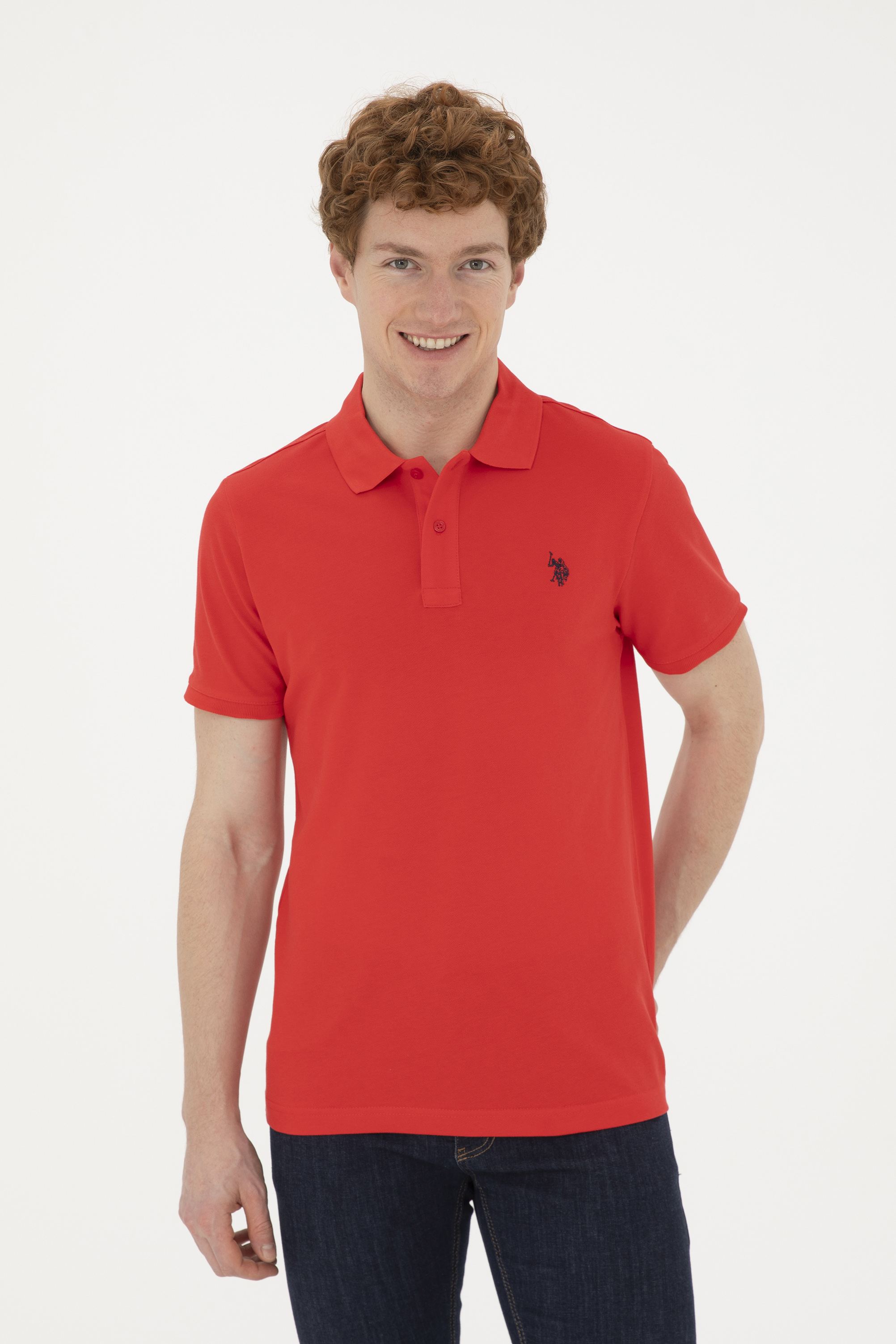 تی شرت بیسیک یقه پولو قرمز اندامی آستین کوتاه مردانه یو اس پولو | US POLO ASSN