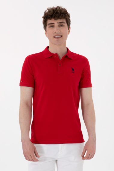تی شرت بیسیک یقه پیراهنی قرمز  اندامی آستین کوتاه مردانه یو اس پولو | US POLO ASSN