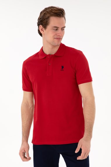 تی شرت بیسیک یقه پیراهنی قرمز  اندامی آستین کوتاه مردانه یو اس پولو | US POLO ASSN