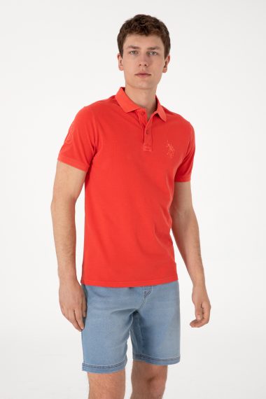 تی شرت بیسیک یقه پیراهنی قرمز  اندامی آستین کوتاه مردانه یو اس پولو | US POLO ASSN
