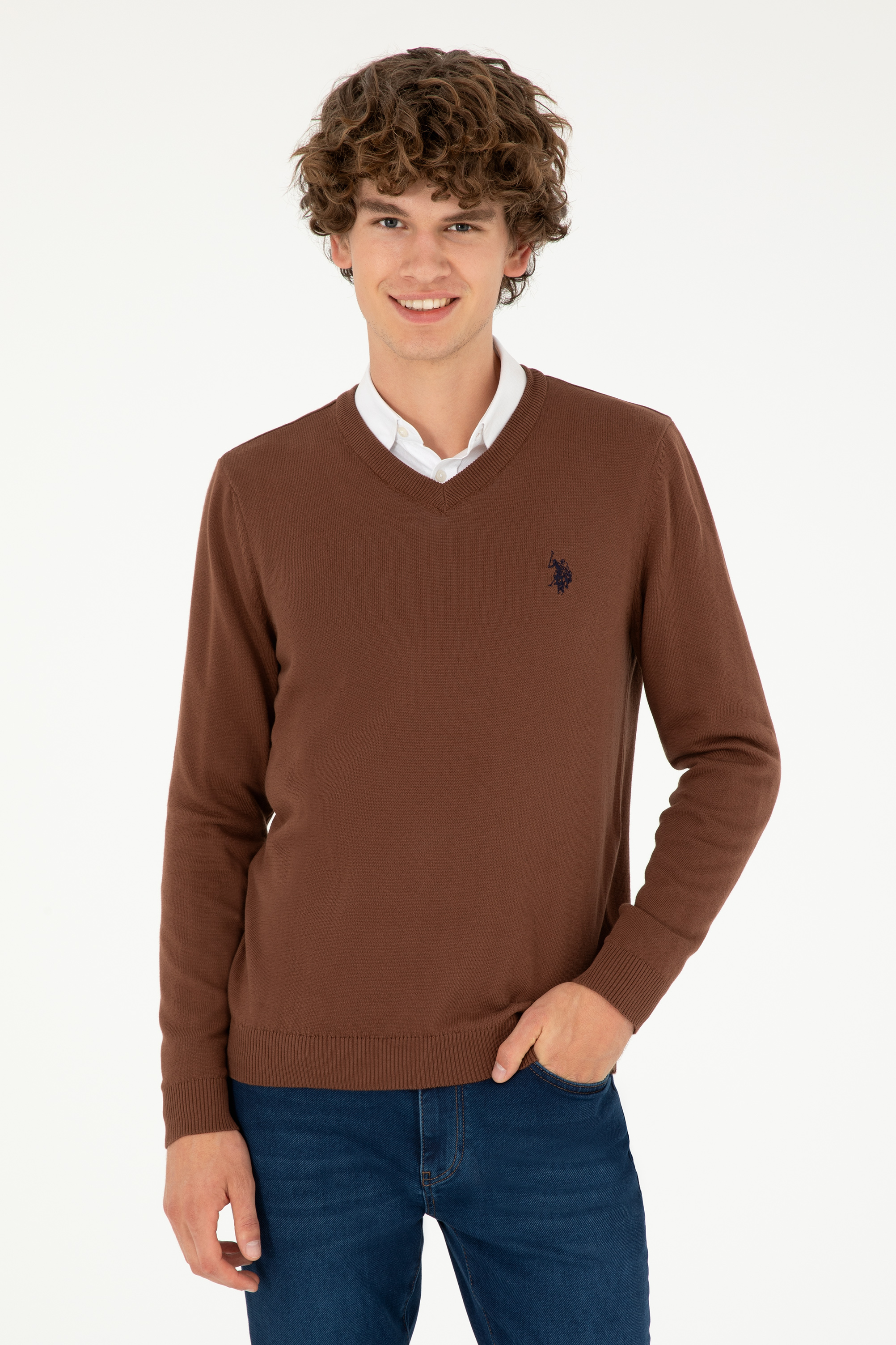 بافت بیسیک یقه هفت قهوه ای اندامی مردانه یو اس پولو | US POLO ASSN