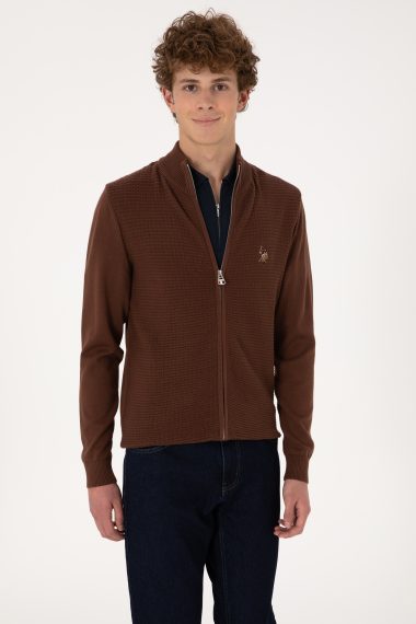 ژاکت تریکو بیسیک یقه ایستاده قهوه ای  اندامی آستین بلند مردانه یو اس پولو | US POLO ASSN