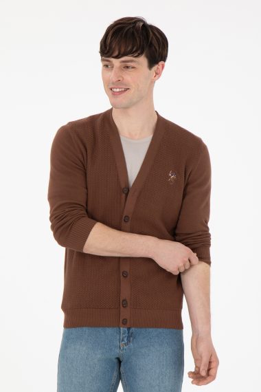 ژاکت تریکو بیسیک یقه هفت قهوه ای  رگولار آستین بلند مردانه یو اس پولو | US POLO ASSN