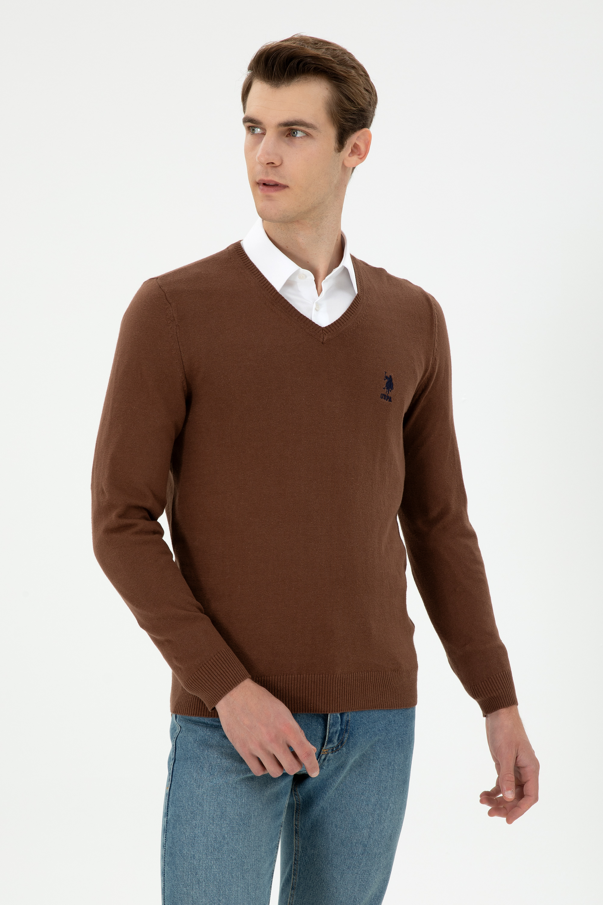 بافت بیسیک یقه هفت قهوه ای اندامی آستین بلند مردانه یو اس پولو | US POLO ASSN