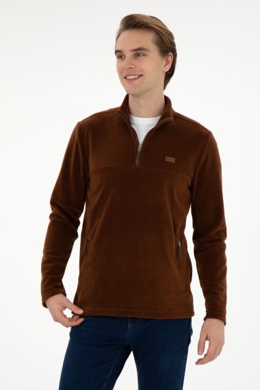 سویشرت یقه ایستاده قهوه ای  رگولار آستین بلند مردانه یو اس پولو | US POLO ASSN
