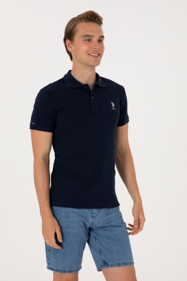 تی شرت بیسیک یقه پیراهنی لاجورد  اندامی آستین کوتاه مردانه یو اس پولو | US POLO ASSN