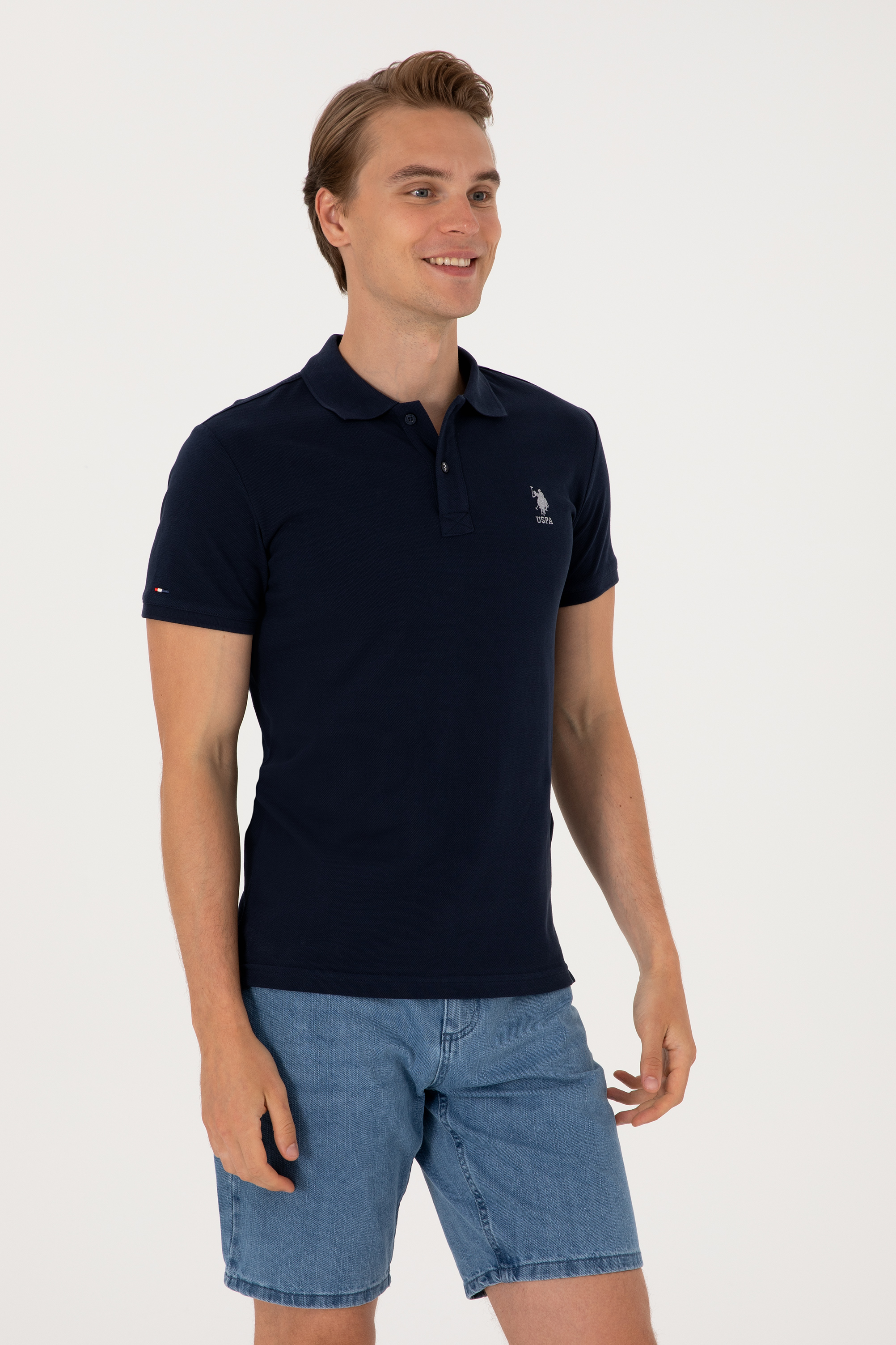 تی شرت بیسیک یقه پیراهنی لاجورد اندامی آستین کوتاه مردانه یو اس پولو | US POLO ASSN