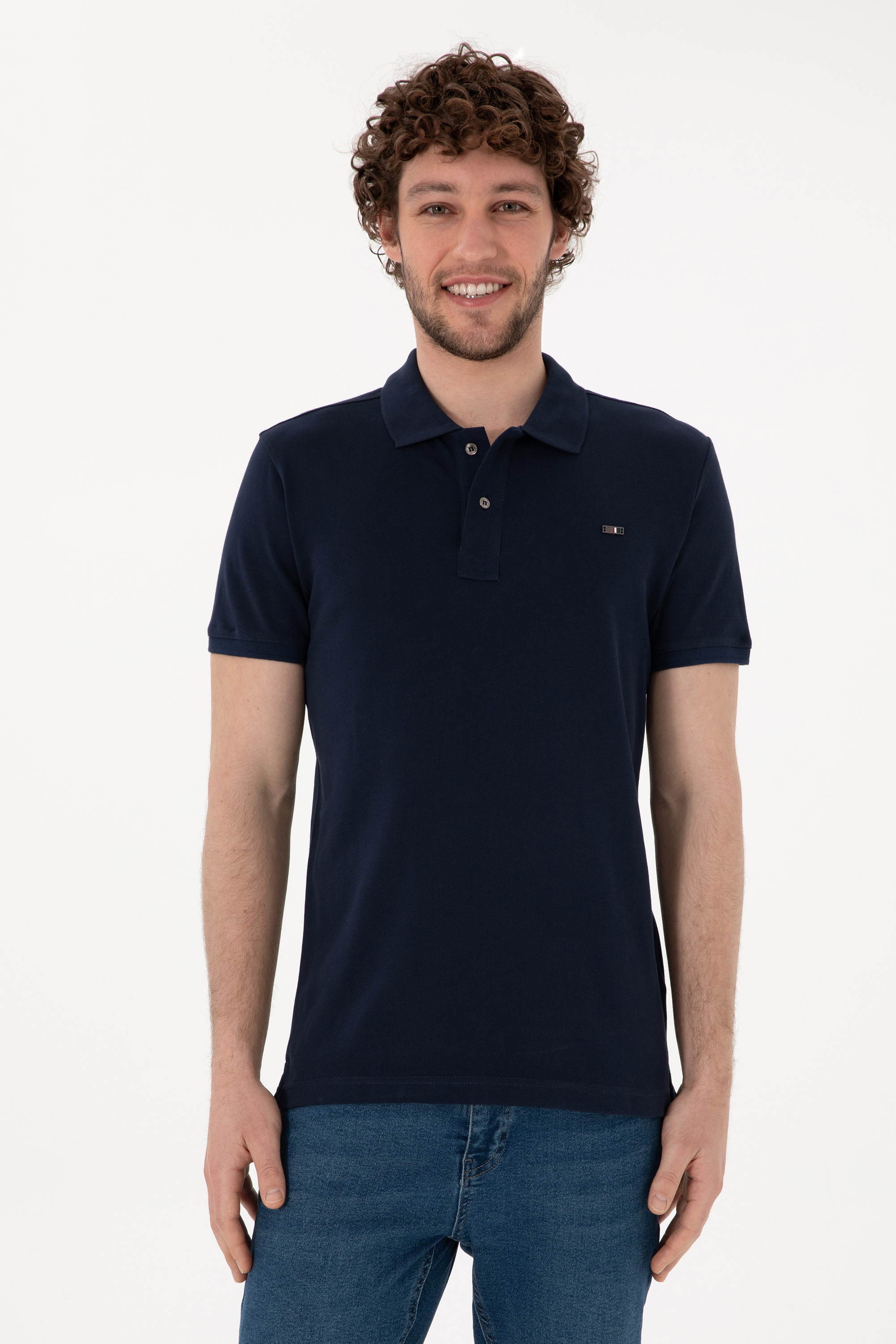 تی شرت بیسیک یقه پیراهنی لاجورد اندامی آستین کوتاه مردانه یو اس پولو | US POLO ASSN