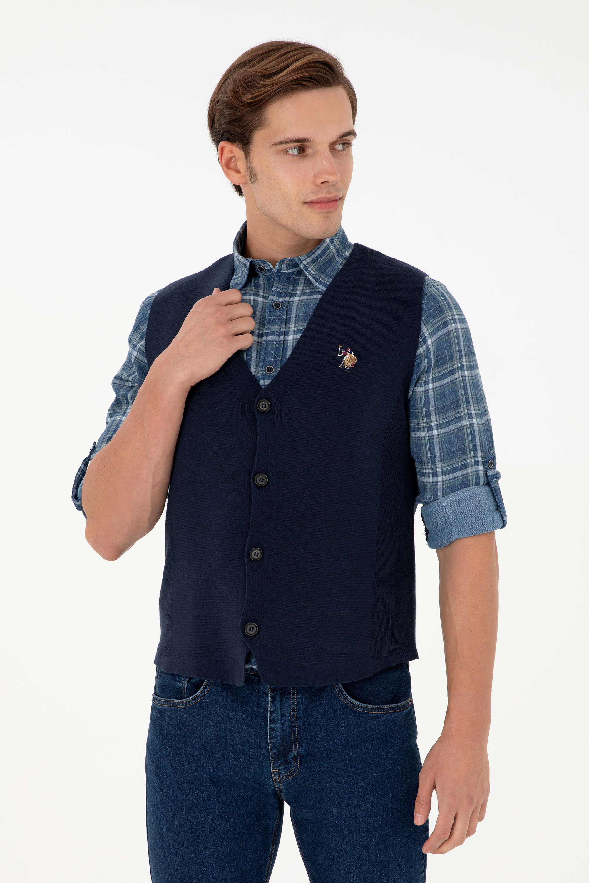 ژاکت تریکو یقه هفت لاجورد استاندارد فیت مردانه یو اس پولو | US POLO ASSN