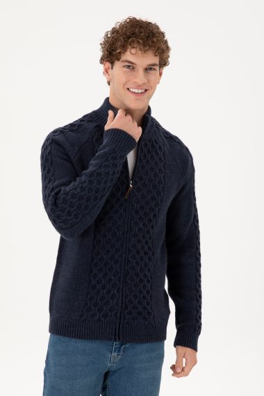 ژاکت تریکو یقه ایستاده لاجورد  رگولار آستین بلند مردانه یو اس پولو | US POLO ASSN