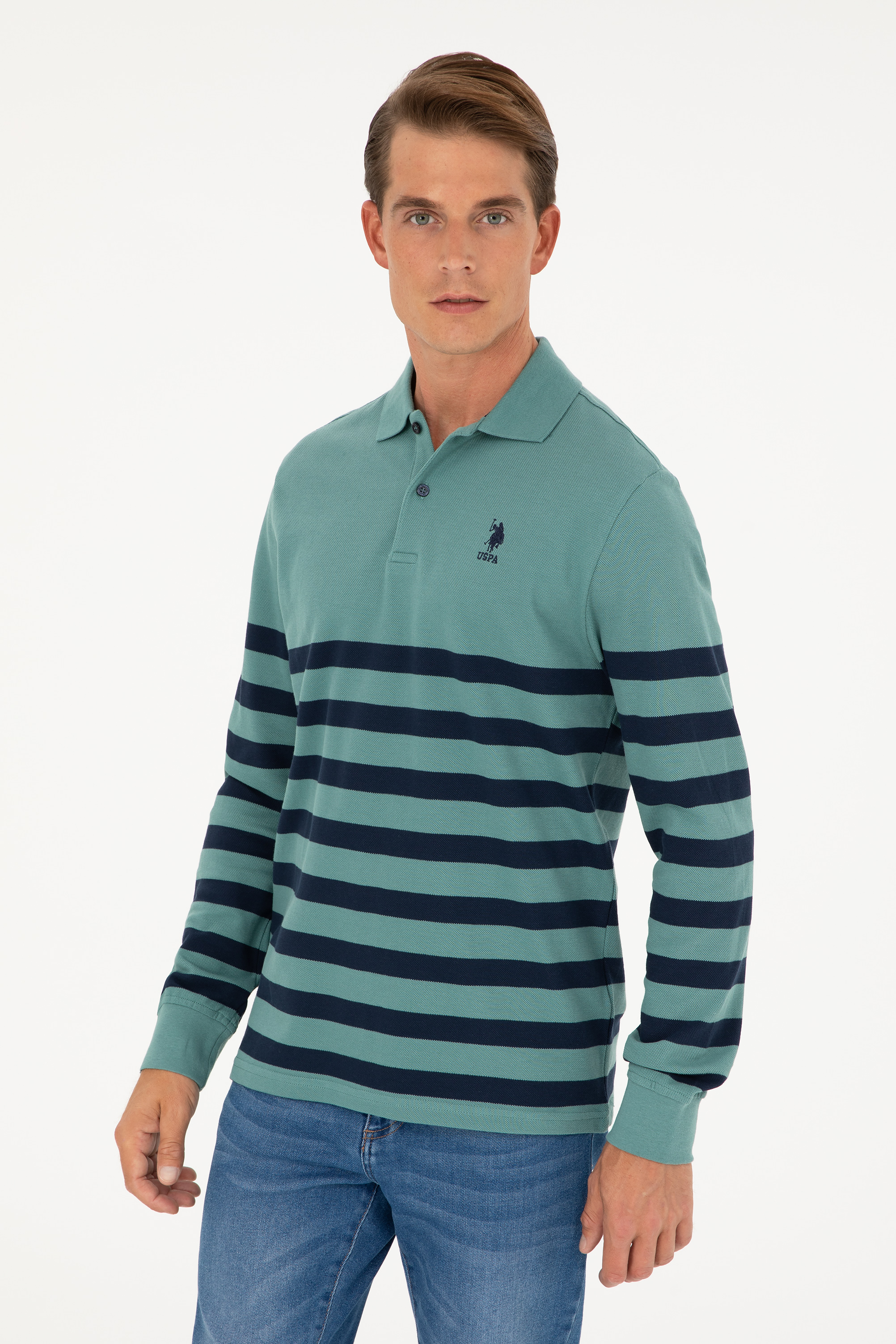 سویشرت یقه پولو نعناعی رگولار آستین بلند مردانه یو اس پولو | US POLO ASSN