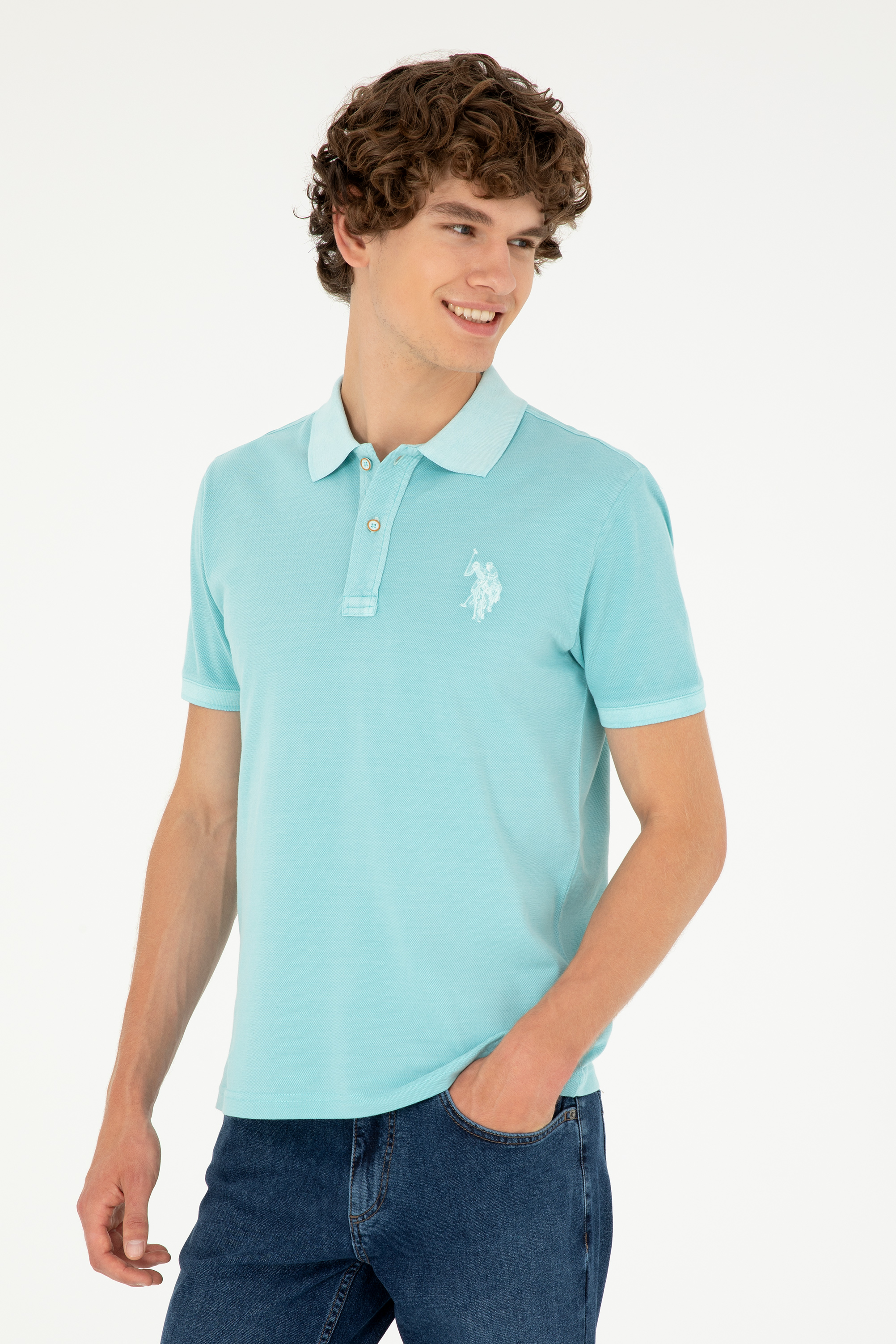 تی شرت بیسیک یقه پولو نعناعی اندامی آستین کوتاه مردانه یو اس پولو | US POLO ASSN