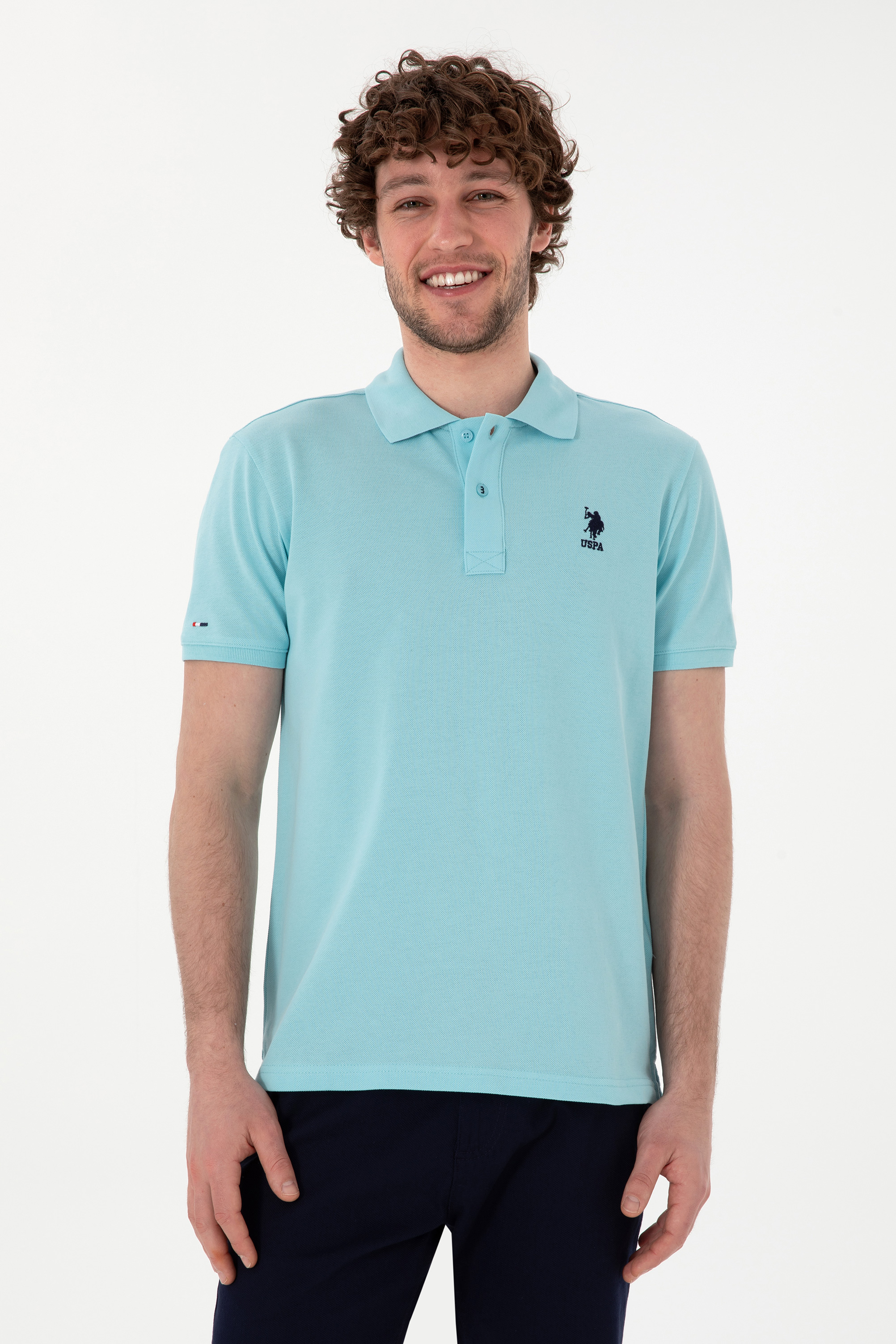 تی شرت بیسیک یقه پیراهنی نیلی اندامی آستین کوتاه مردانه یو اس پولو | US POLO ASSN