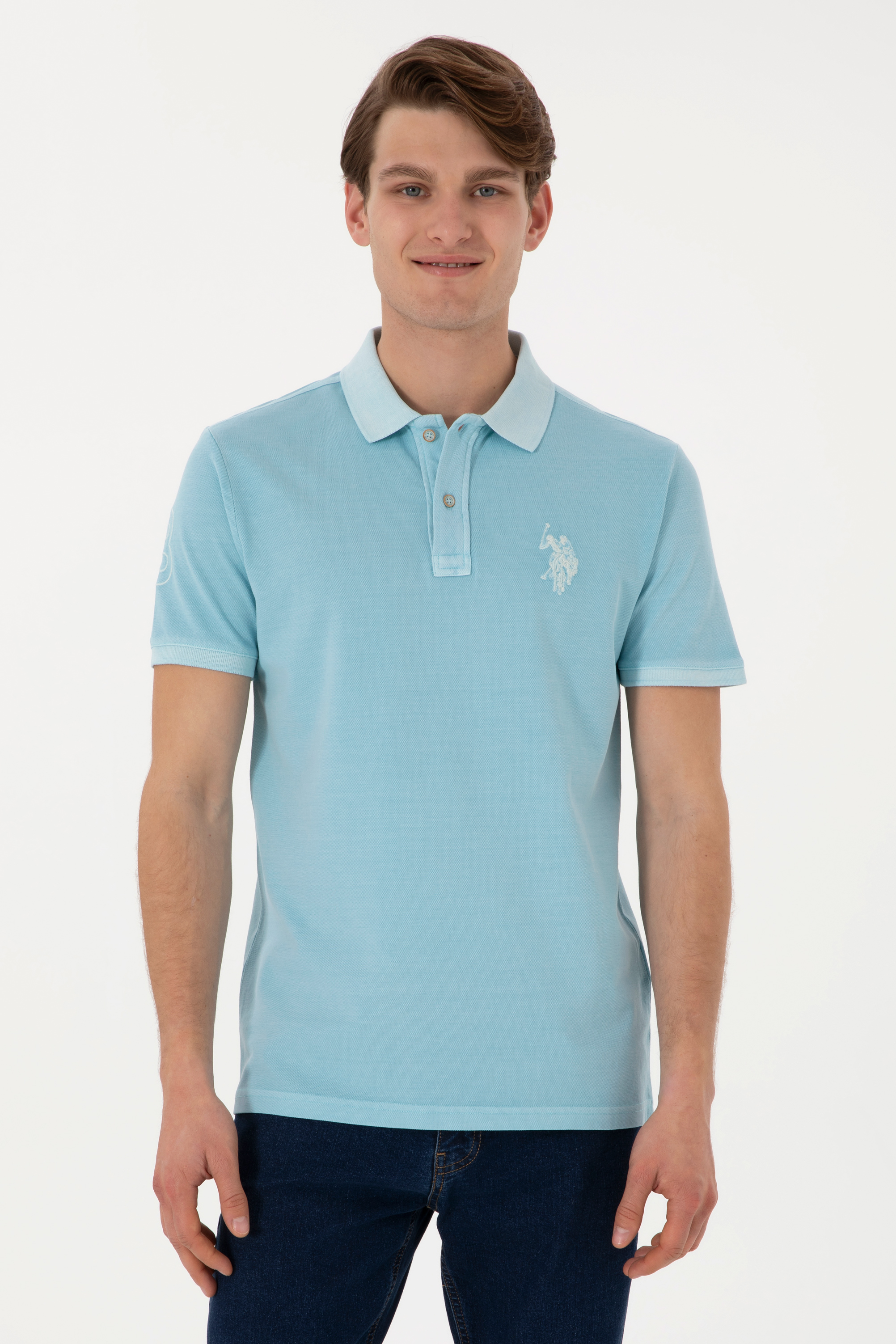 تی شرت بیسیک یقه پیراهنی نیلی اندامی آستین کوتاه مردانه یو اس پولو | US POLO ASSN
