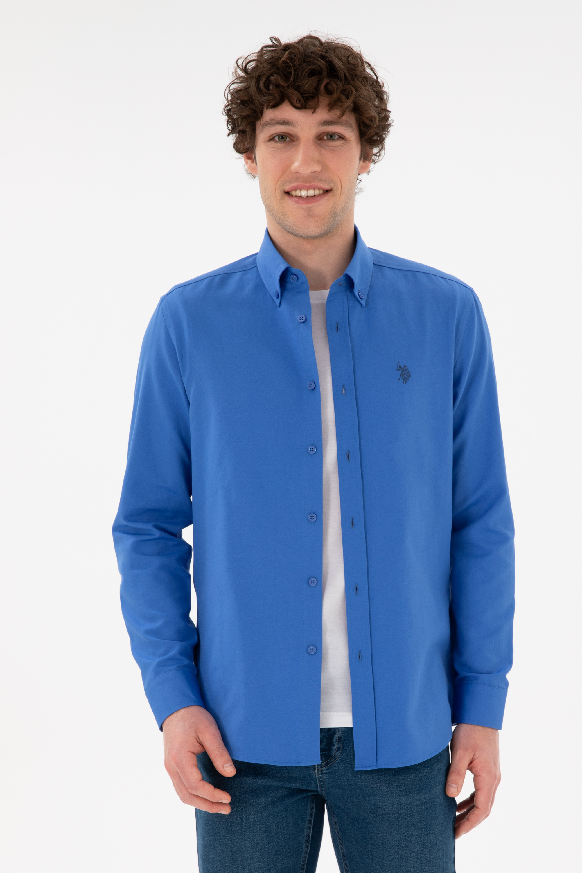 پیراهن نیلی اندامی مردانه یو اس پولو | US POLO ASSN