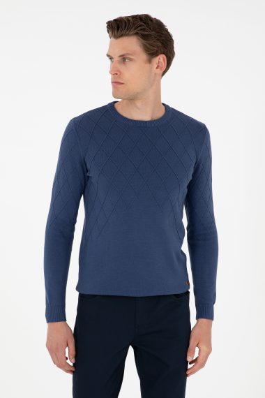 بافت یقه گرد نیلی  اندامی آستین بلند مردانه یو اس پولو | US POLO ASSN