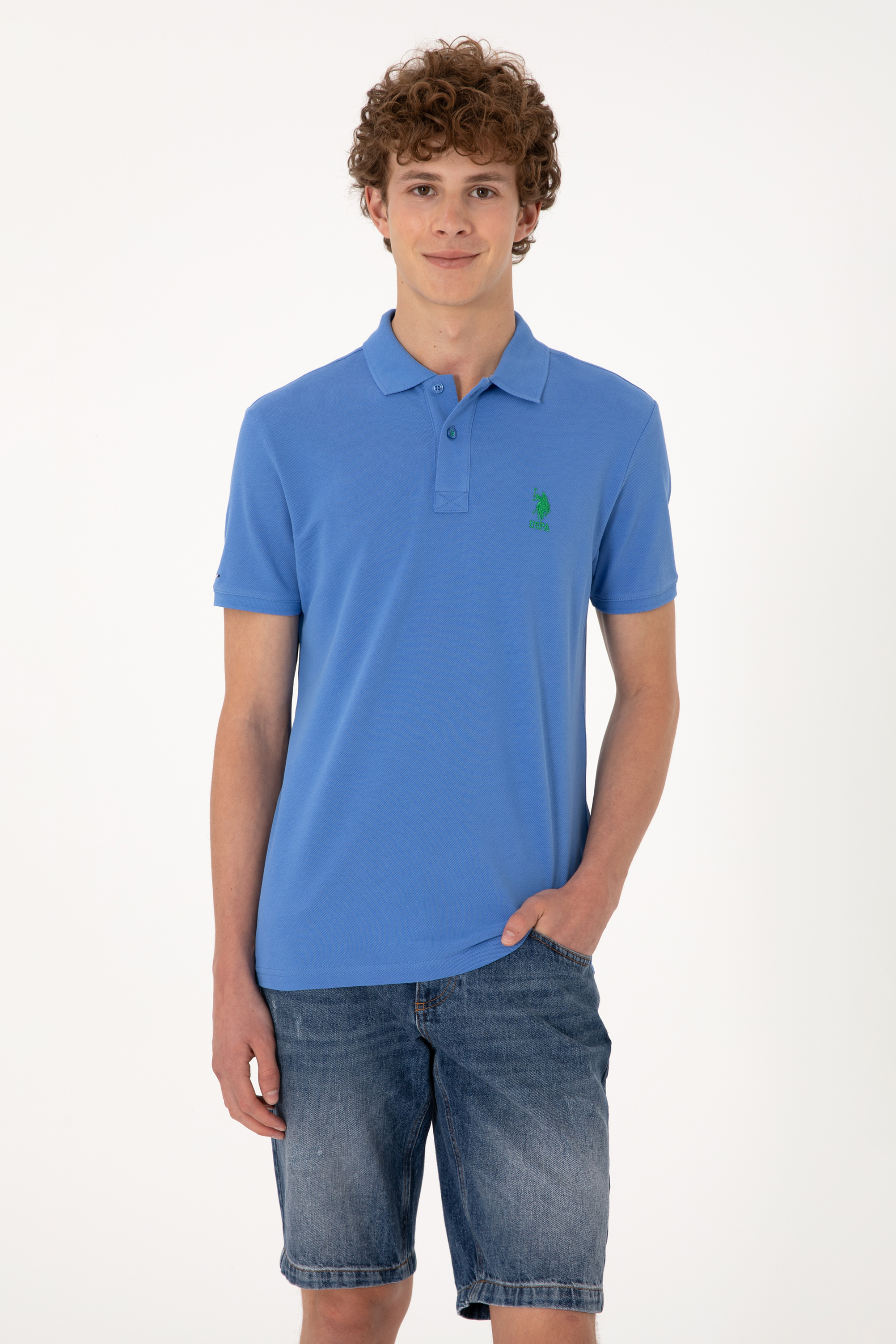 تی شرت بیسیک یقه پیراهنی نیلی اندامی آستین کوتاه مردانه یو اس پولو | US POLO ASSN