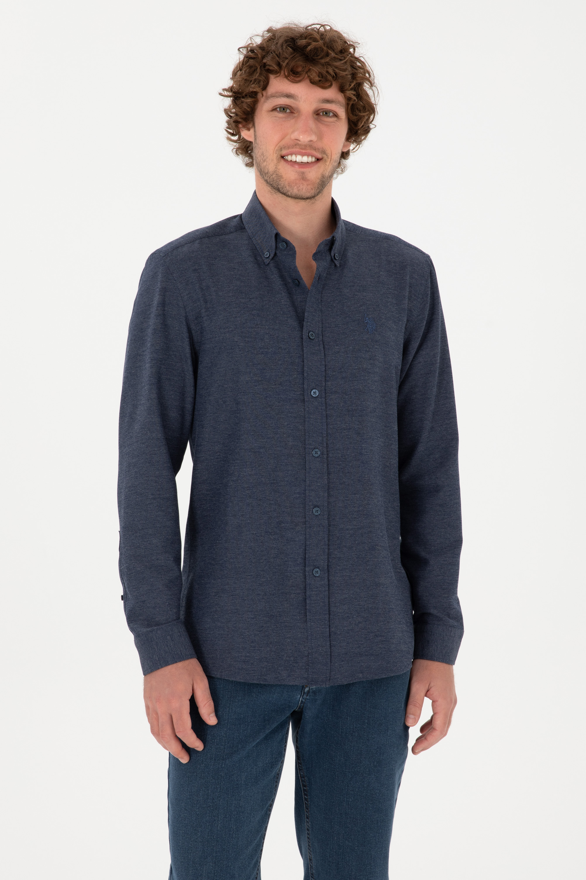 پیراهن نیلی اندامی مردانه یو اس پولو | US POLO ASSN