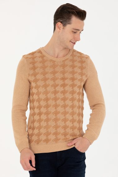 بافت یقه گرد کرمی ملانژ  رگولار آستین بلند مردانه یو اس پولو | US POLO ASSN
