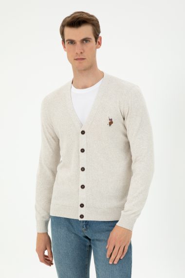 ژاکت بیسیک یقه هفت خاکستری ملانژ  رگولار آستین بلند مردانه یو اس پولو | US POLO ASSN