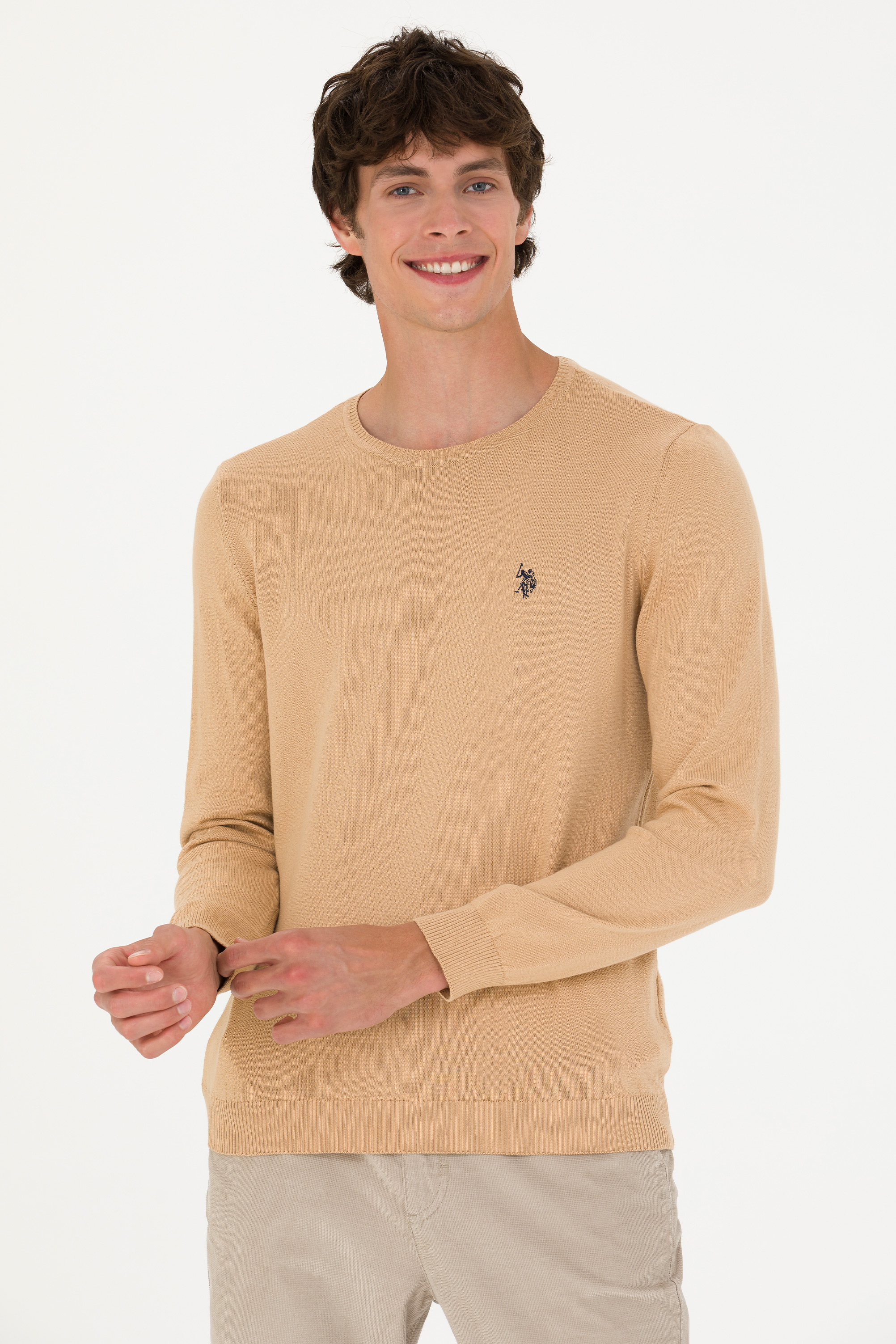 بافت بیسیک یقه گرد کرمی ملانژ  اندامی  مردانه یو اس پولو | US POLO ASSN