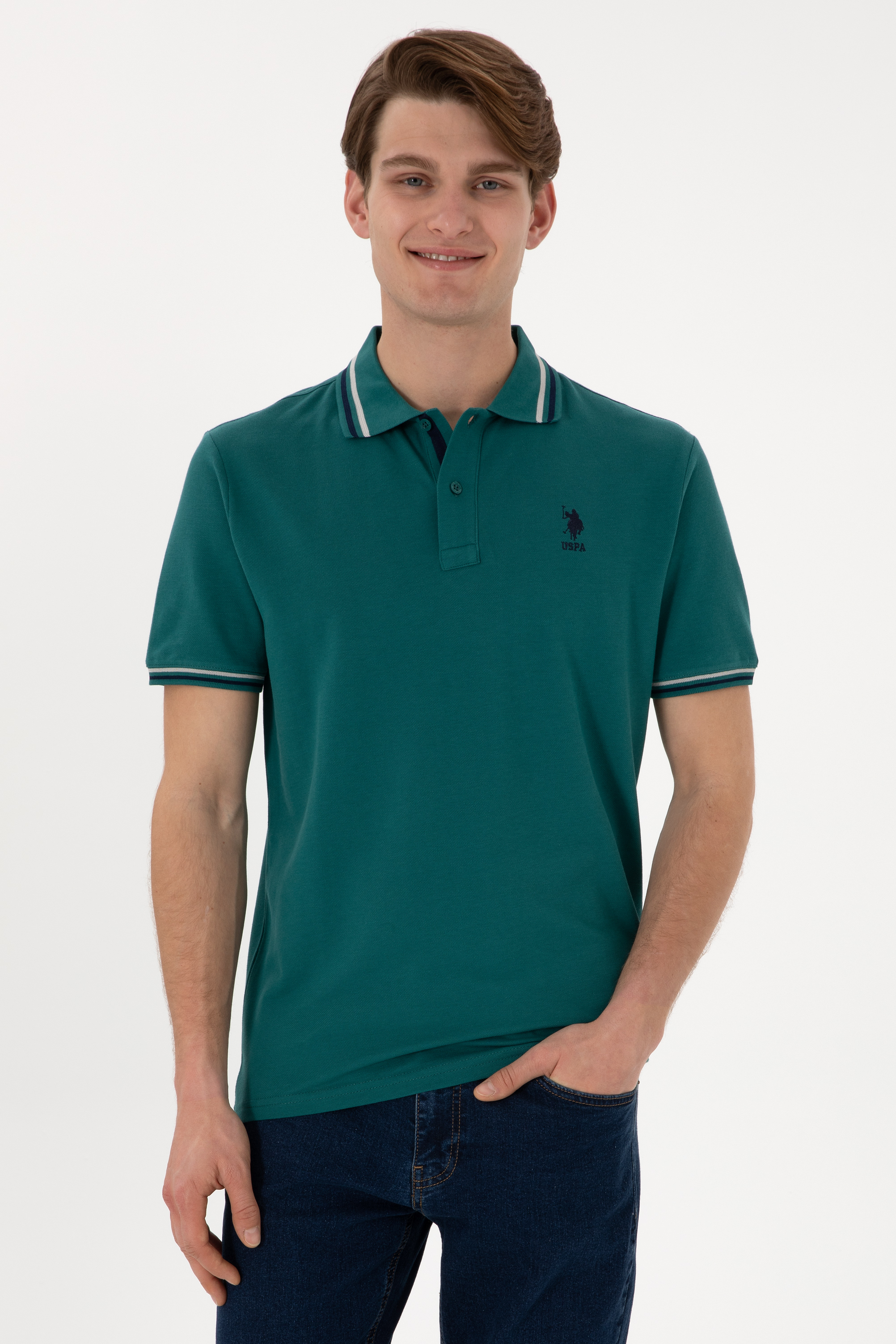پولوشرت رگولار فیت یقه پولو سبز تیره  رگولار  مردانه یو اس پولو | US POLO ASSN