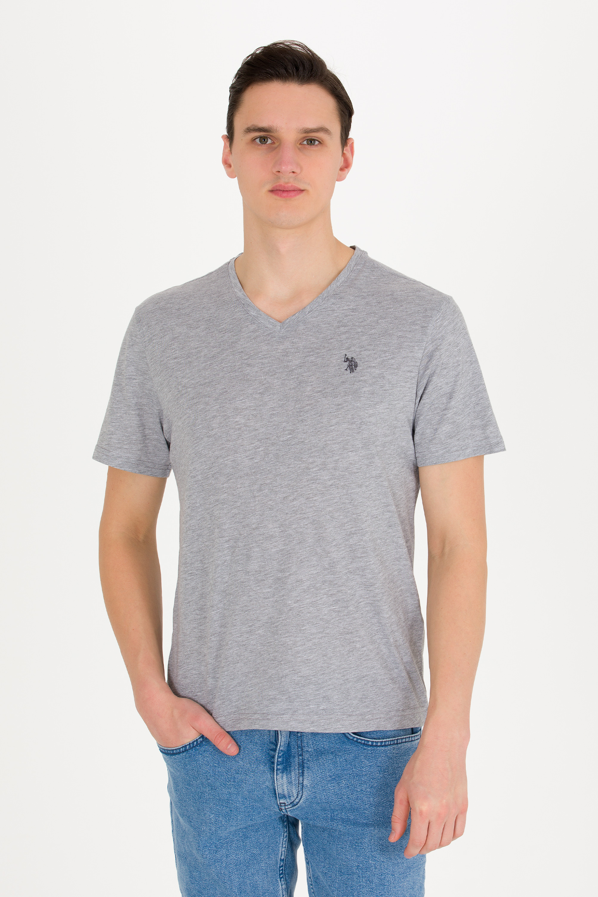 تی شرت یقه هفت بیسیک یقه هفت خاکستری ملانژ رگولار آستین کوتاه مردانه یو اس پولو | US POLO ASSN