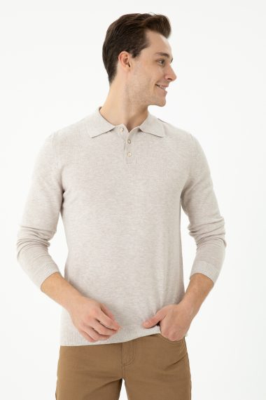 بافت یقه پولو خاکستری ملانژ  اندامی آستین بلند مردانه یو اس پولو | US POLO ASSN
